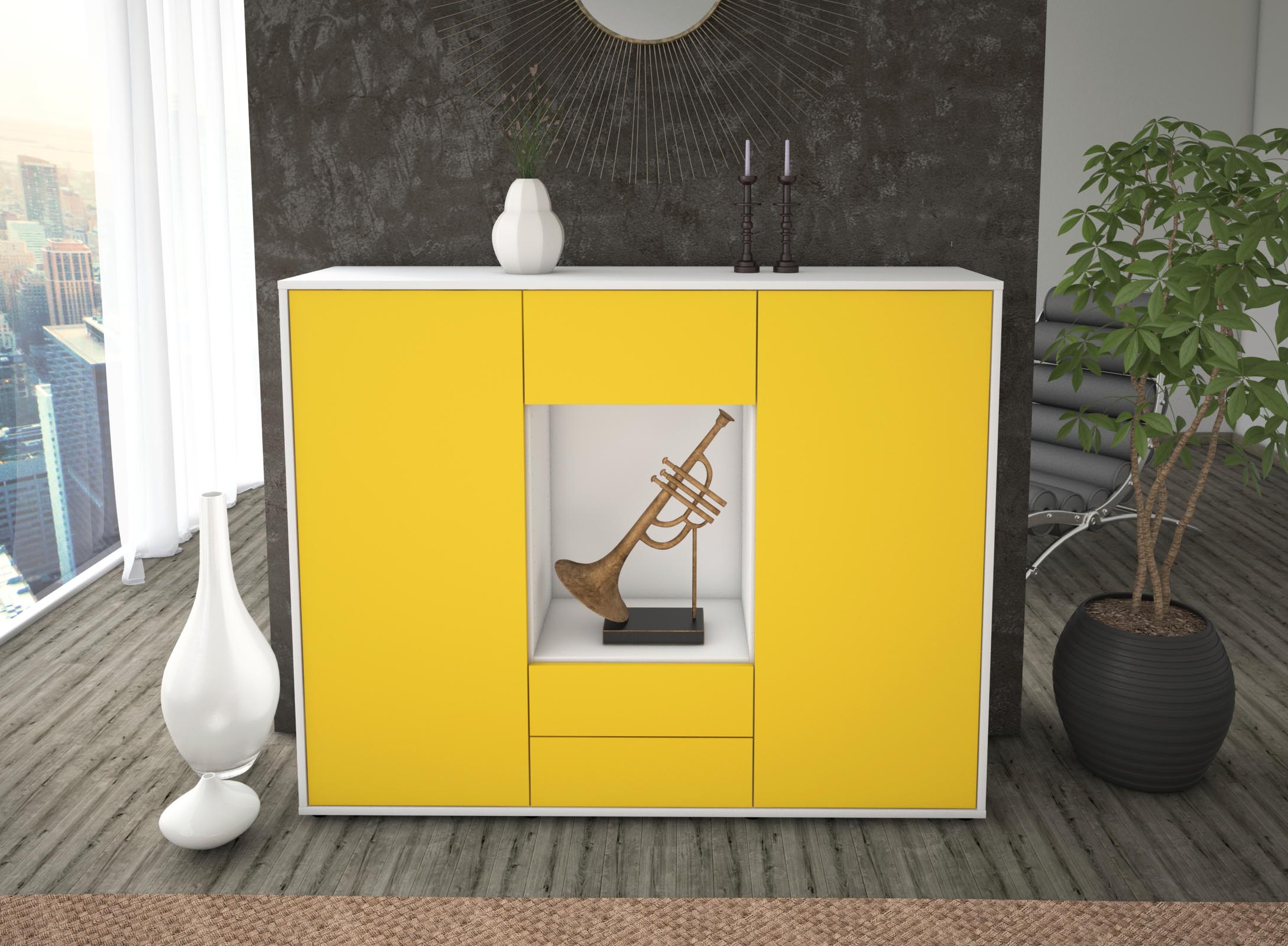 Highboard - Norina - Design Farbakzent - Freistehend mit Push to Open 136 cm Weiss