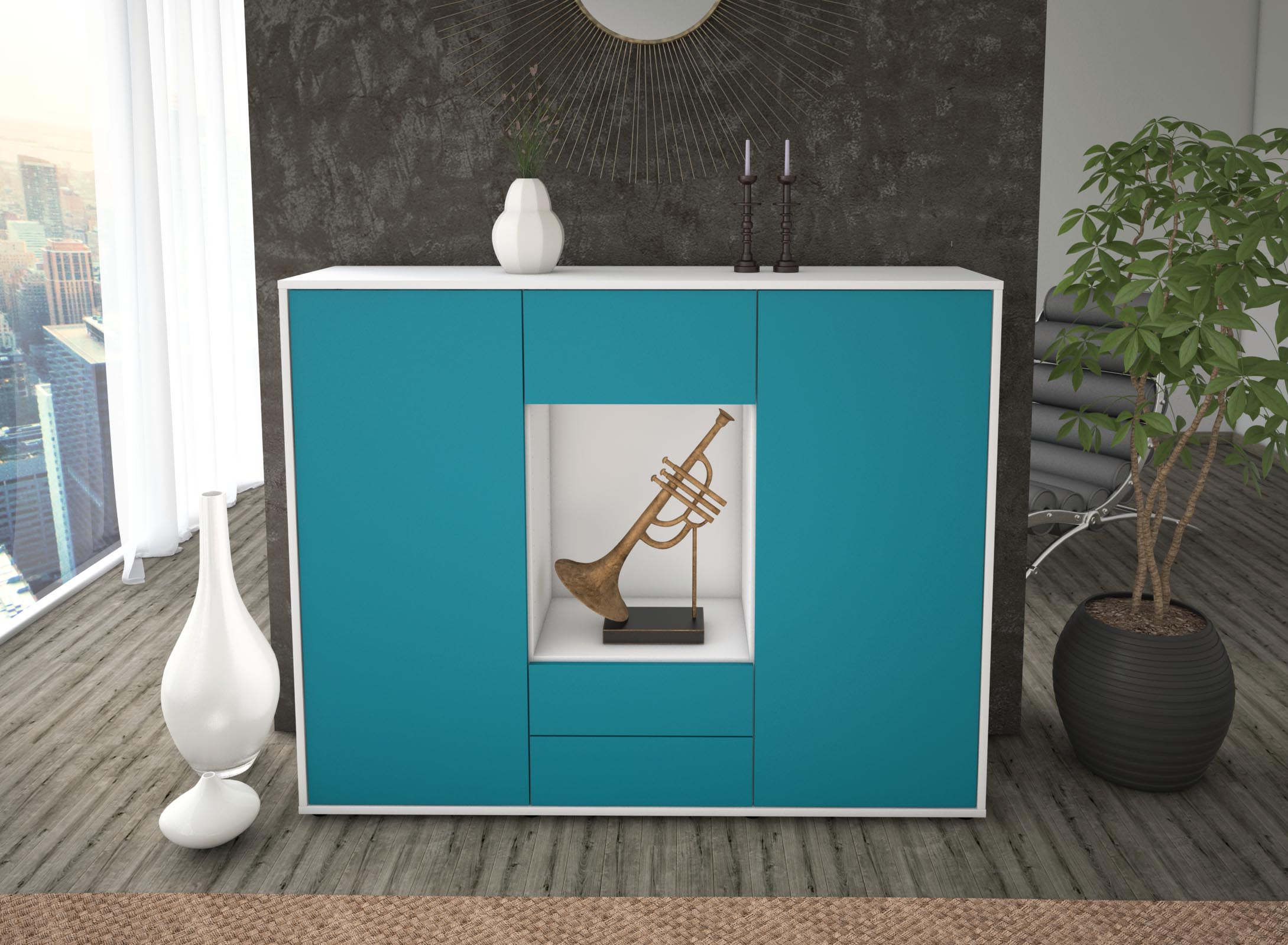 Highboard - Norina - Design Farbakzent - Freistehend mit Push to Open 136 cm Weiss