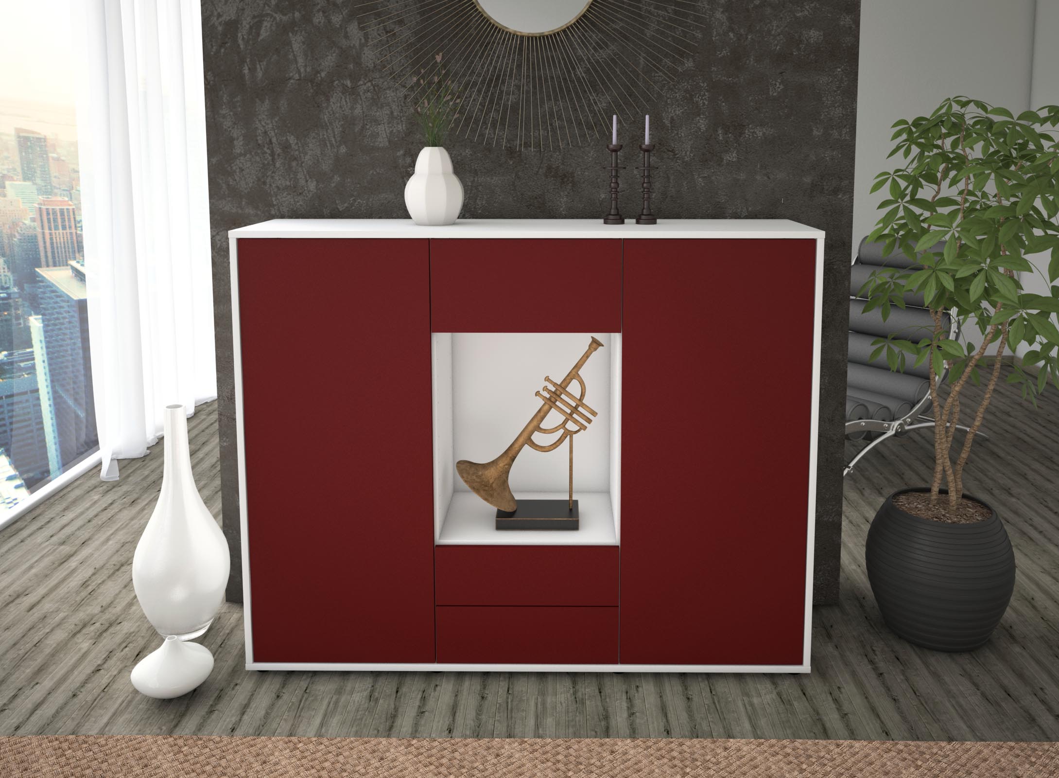 Highboard - Norina - Design Farbakzent - Freistehend mit Push to Open 136 cm Weiss