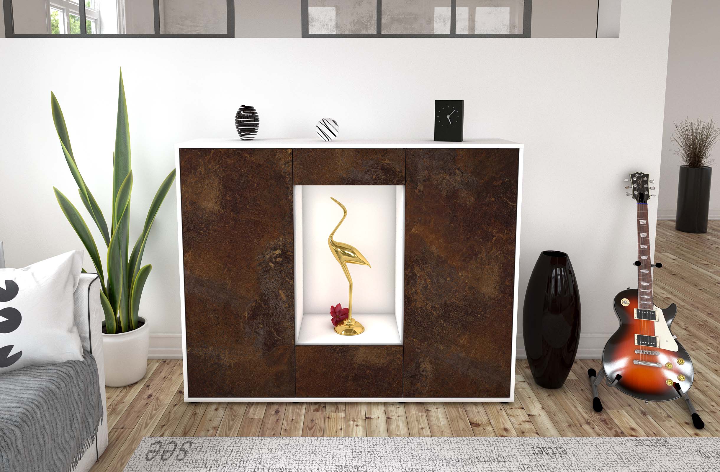 Highboard - Nova - Design Industrie Stil - Freistehend mit Push to Open 136 cm Weiss