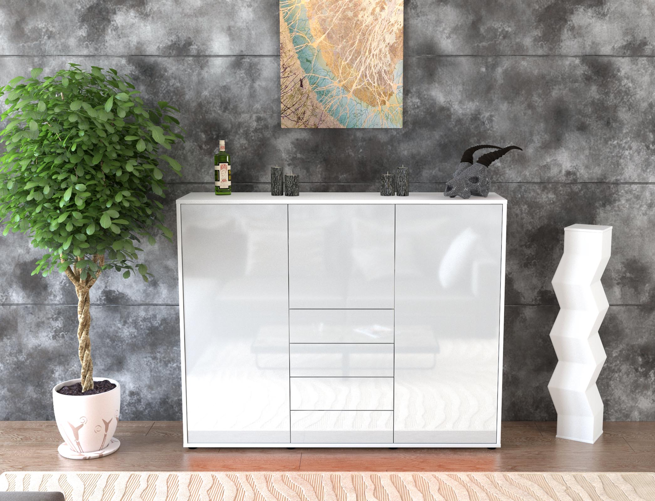 Highboard - Pasquale - Design Hochglanz - Freistehend mit Push to Open 136 cm Weiss