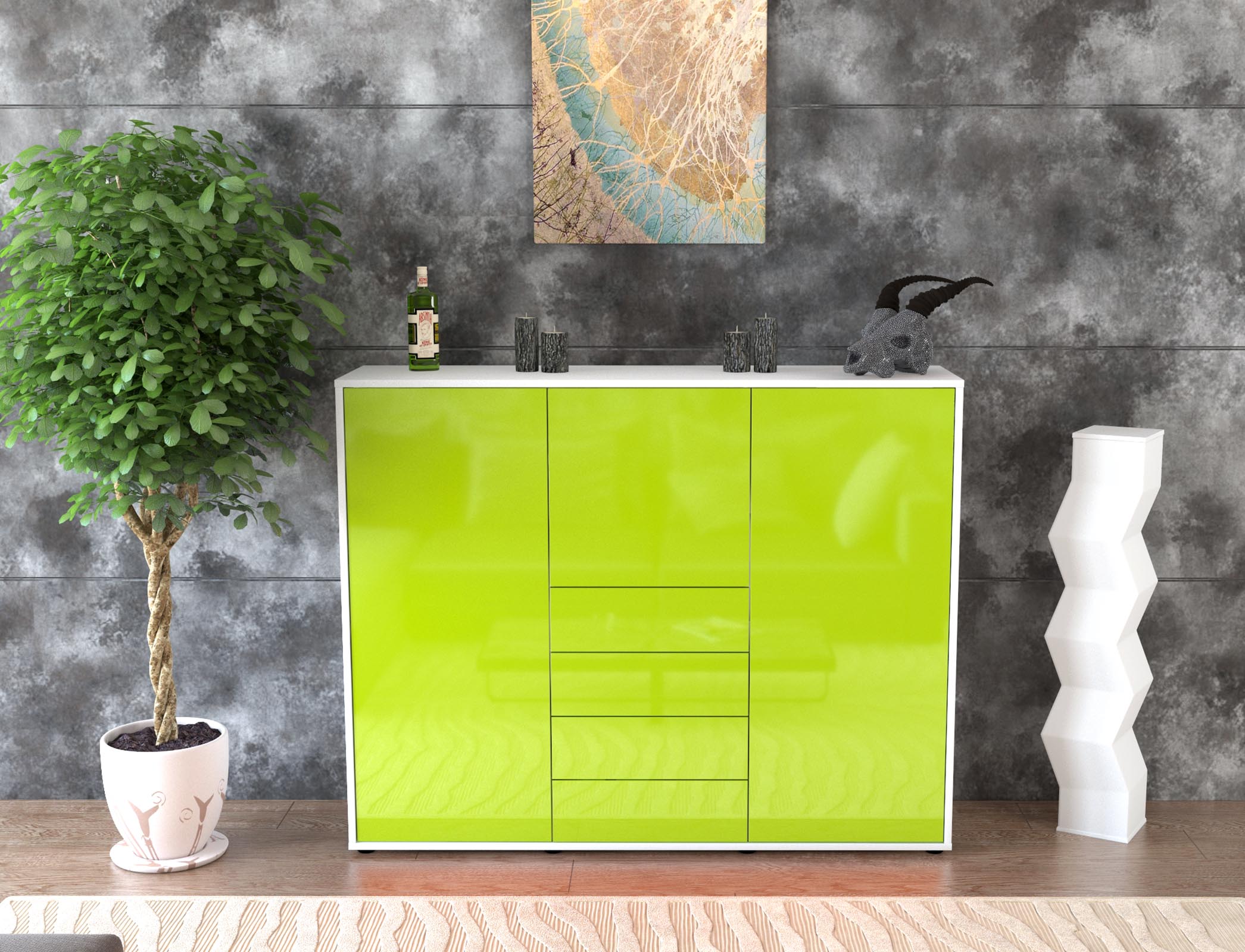 Highboard - Pasquale - Design Hochglanz - Freistehend mit Push to Open 136 cm Weiss