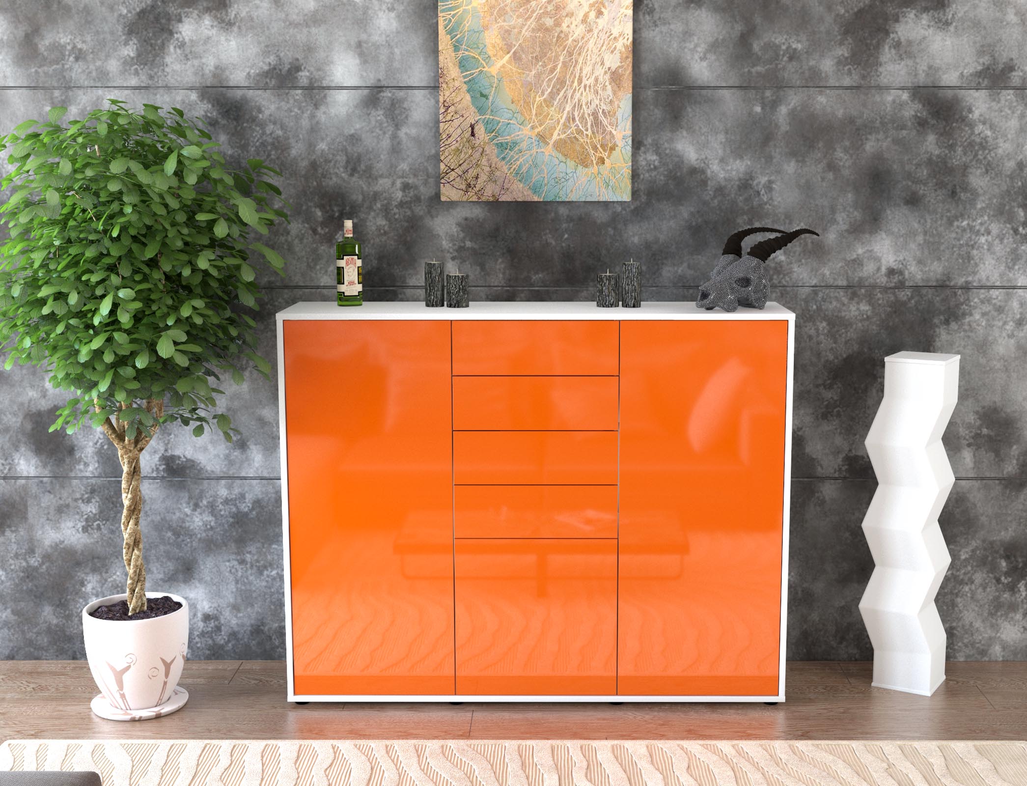 Highboard - Patricia - Design Hochglanz - Freistehend mit Push to Open 136 cm Weiss
