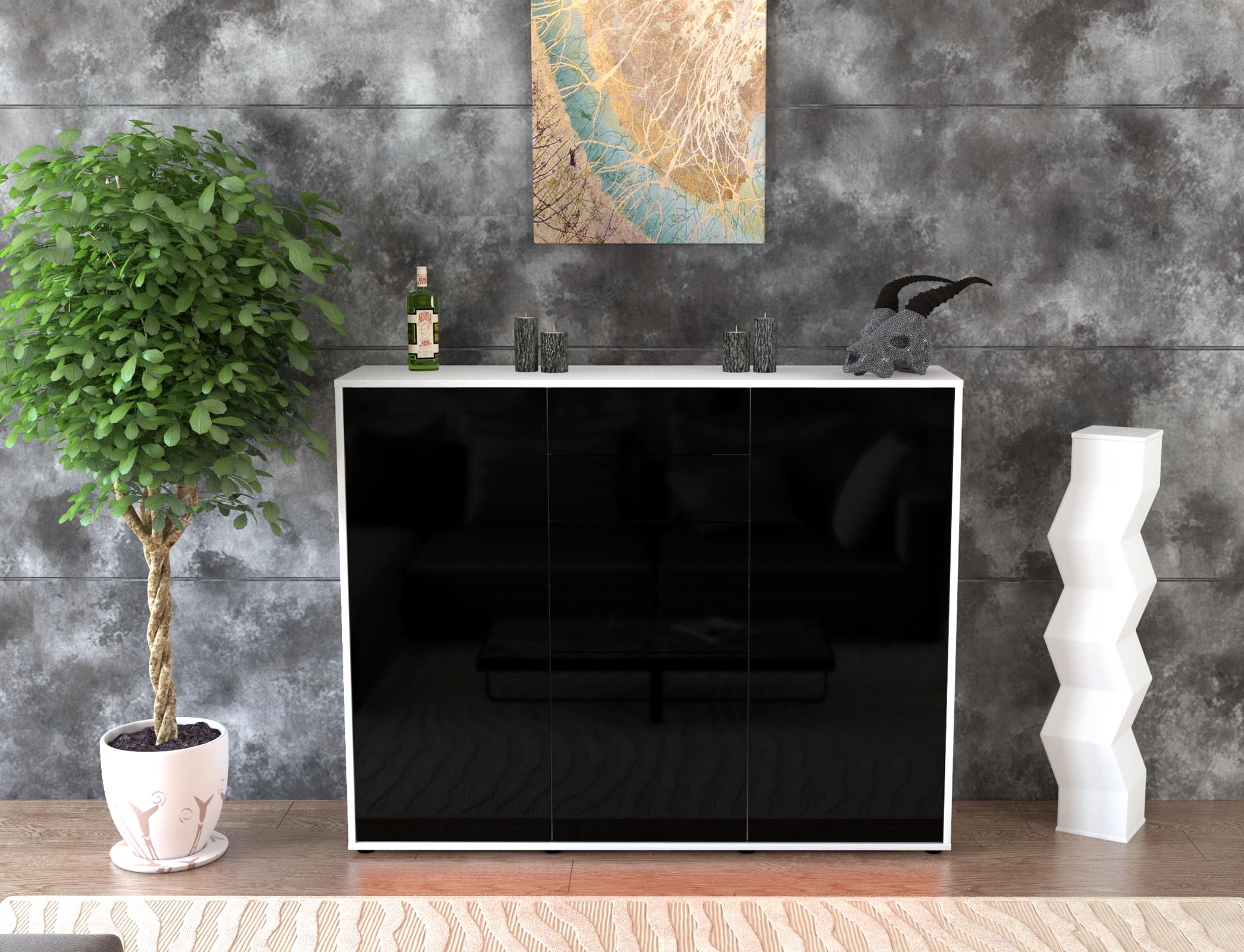 Highboard - Patricia - Design Hochglanz - Freistehend mit Push to Open 136 cm Weiss