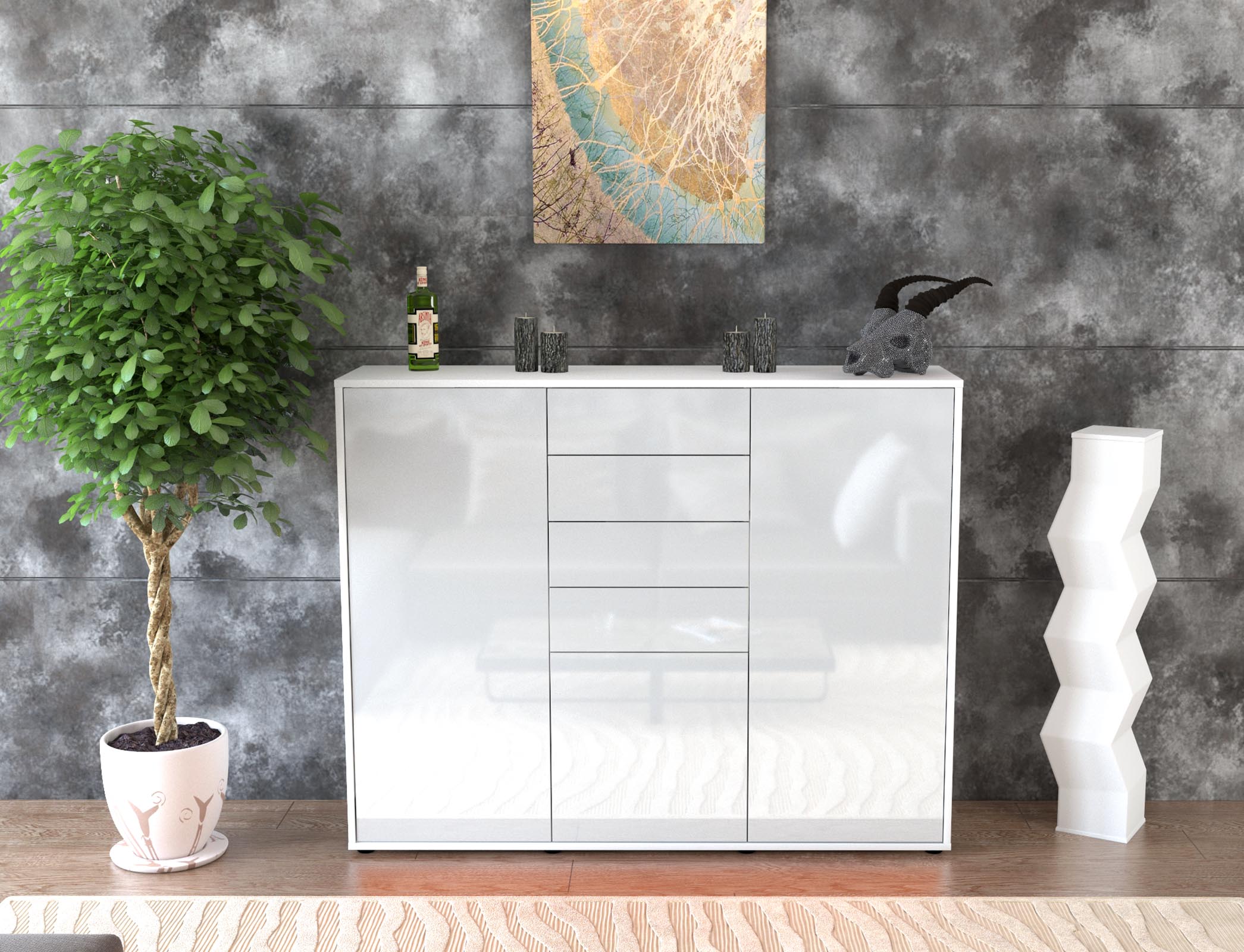 Highboard - Patricia - Design Hochglanz - Freistehend mit Push to Open 136 cm Weiss