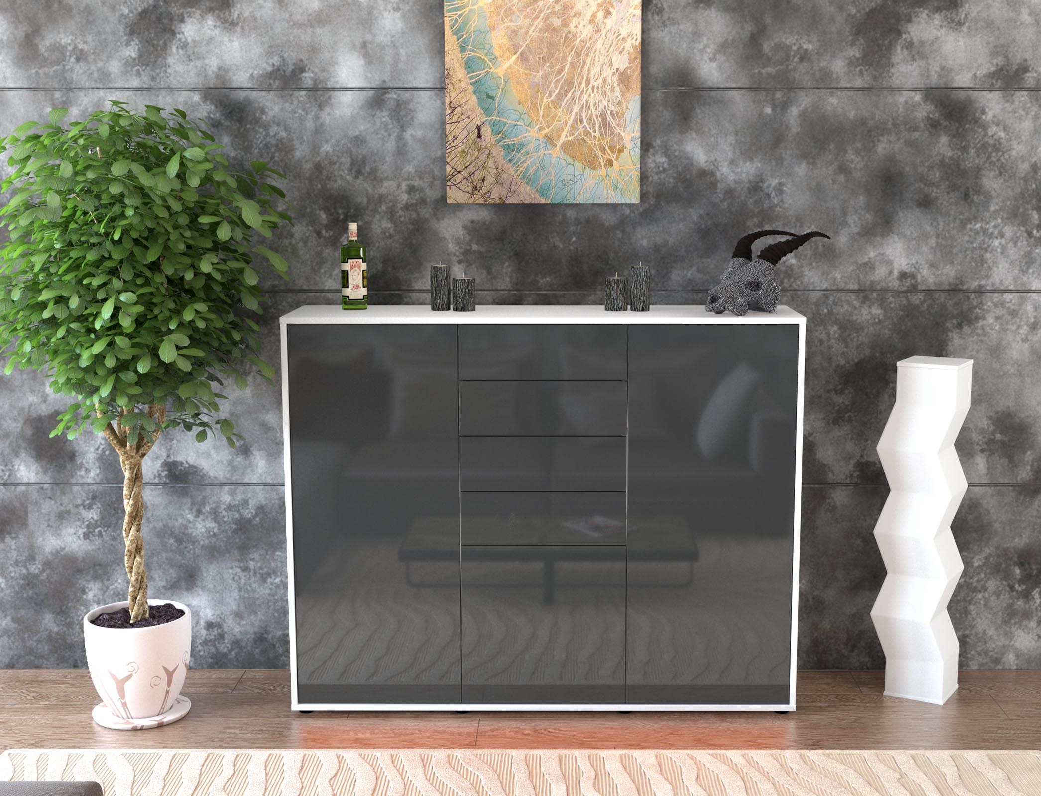 Highboard - Patricia - Design Hochglanz - Freistehend mit Push to Open 136 cm Weiss