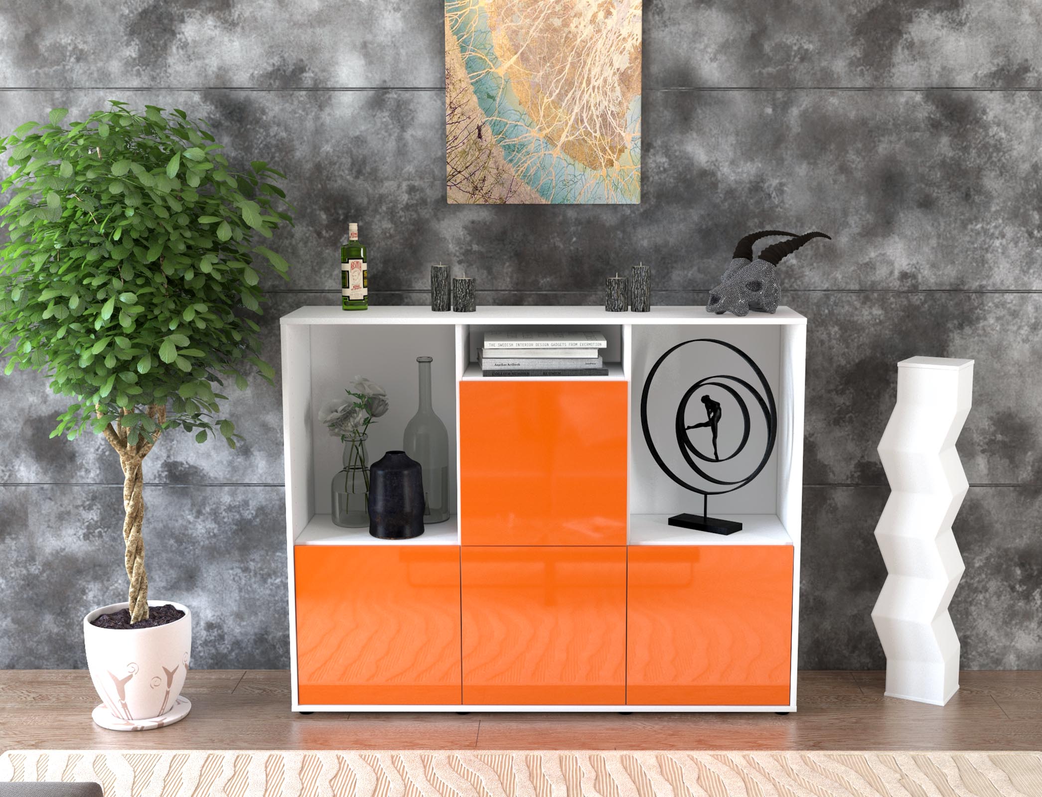 Highboard - Saskia - Design Hochglanz - Freistehend mit Push to Open 136 cm Weiss