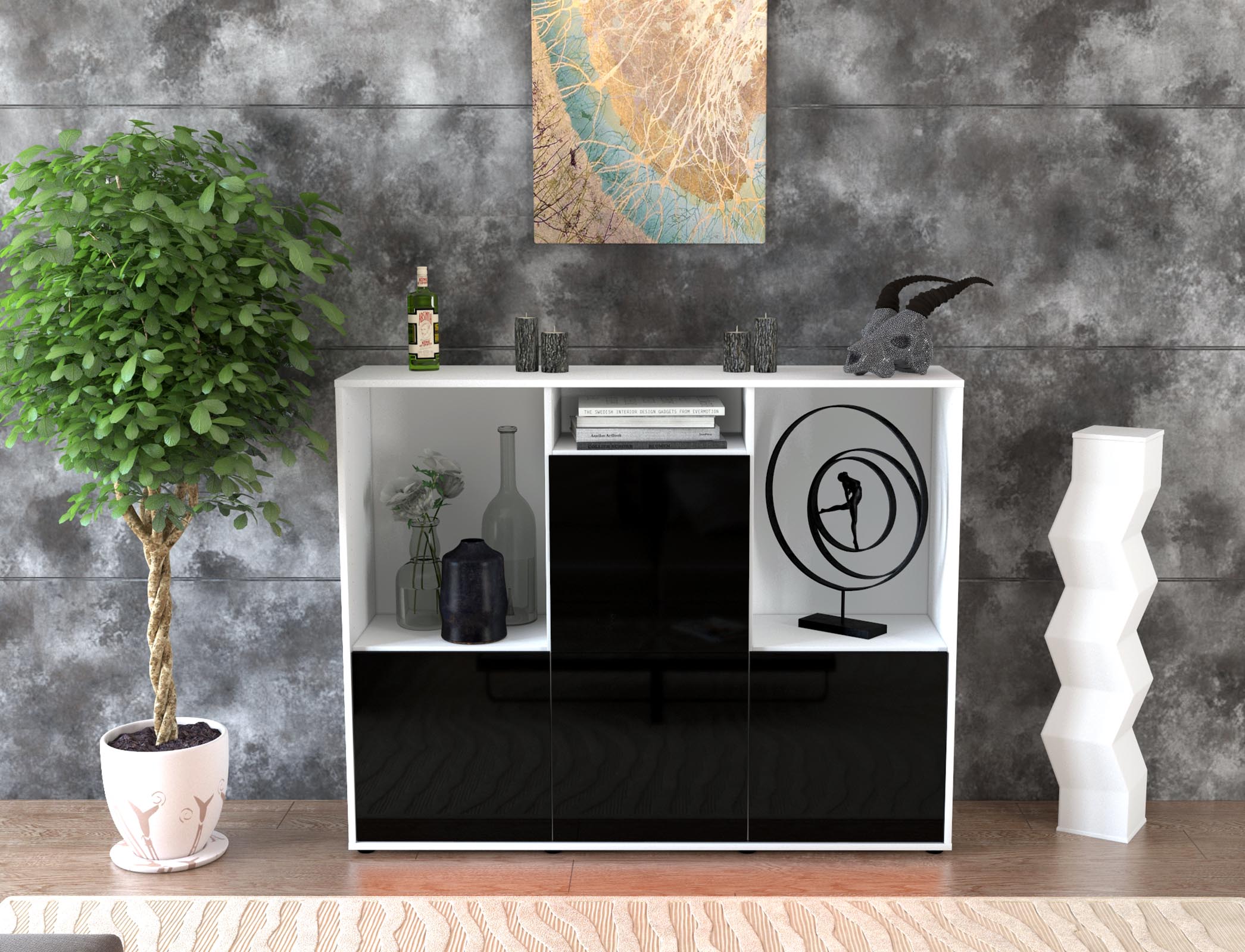 Highboard - Saskia - Design Hochglanz - Freistehend mit Push to Open 136 cm Weiss