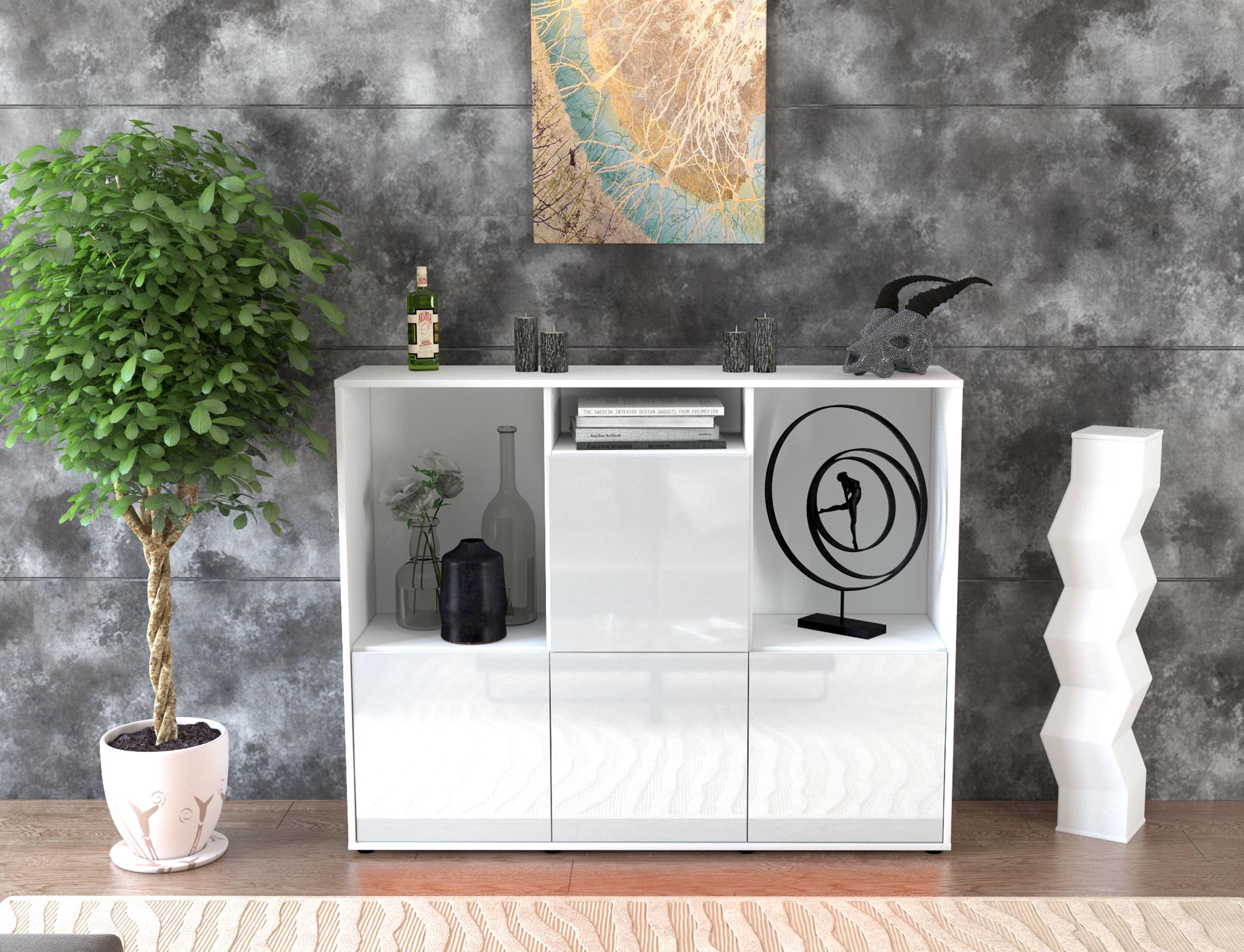 Highboard - Saskia - Design Hochglanz - Freistehend mit Push to Open 136 cm Weiss