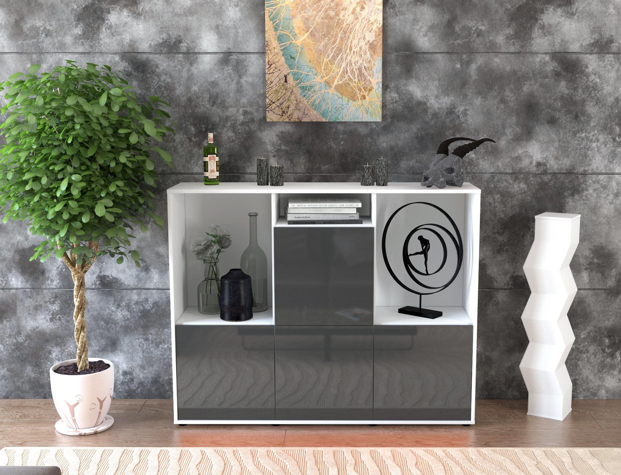 Highboard - Saskia - Design Hochglanz - Freistehend mit Push to Open 136 cm Weiss