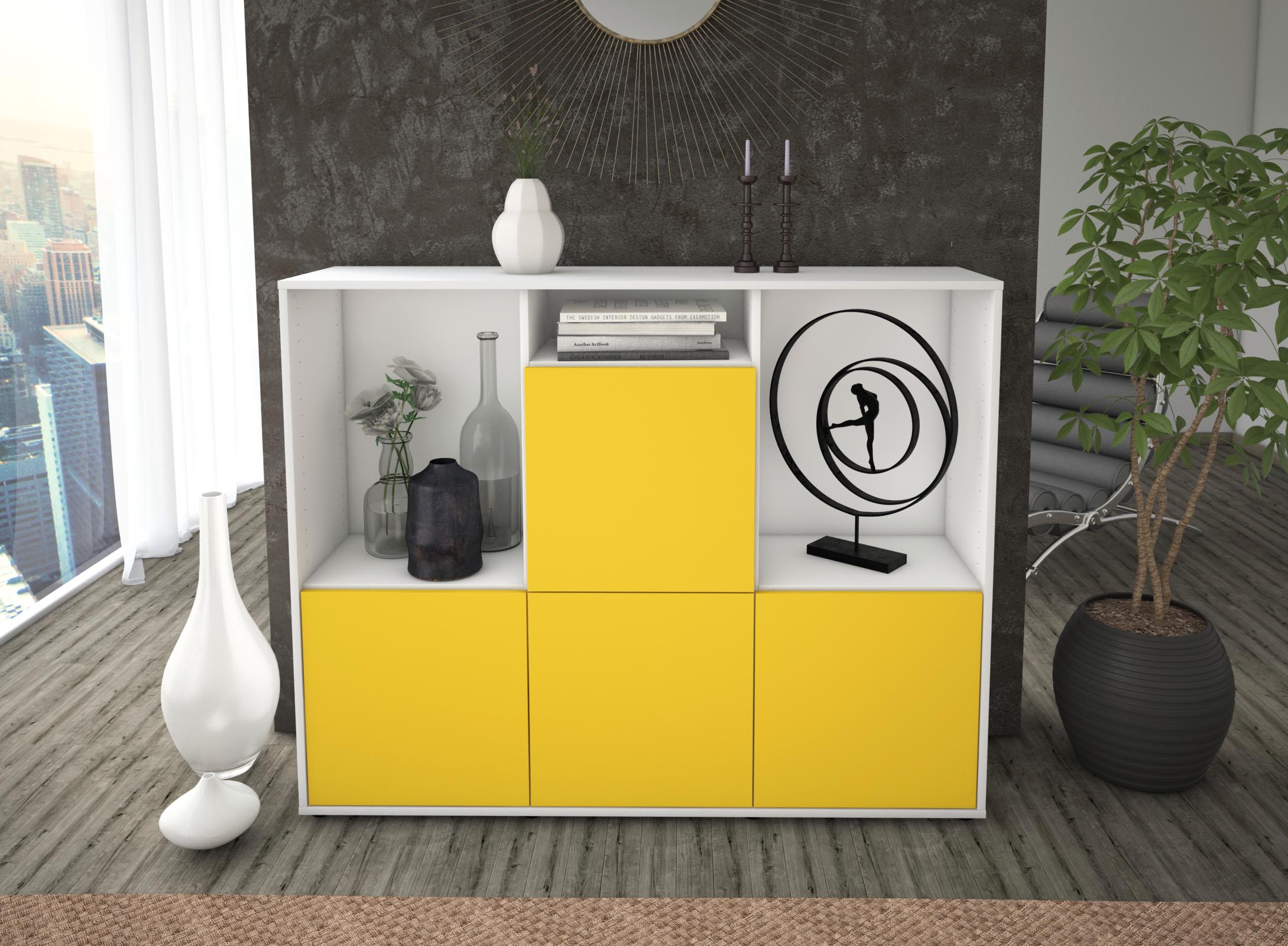 Highboard - Saskia - Design Farbakzent - Freistehend mit Push to Open 136 cm Weiss