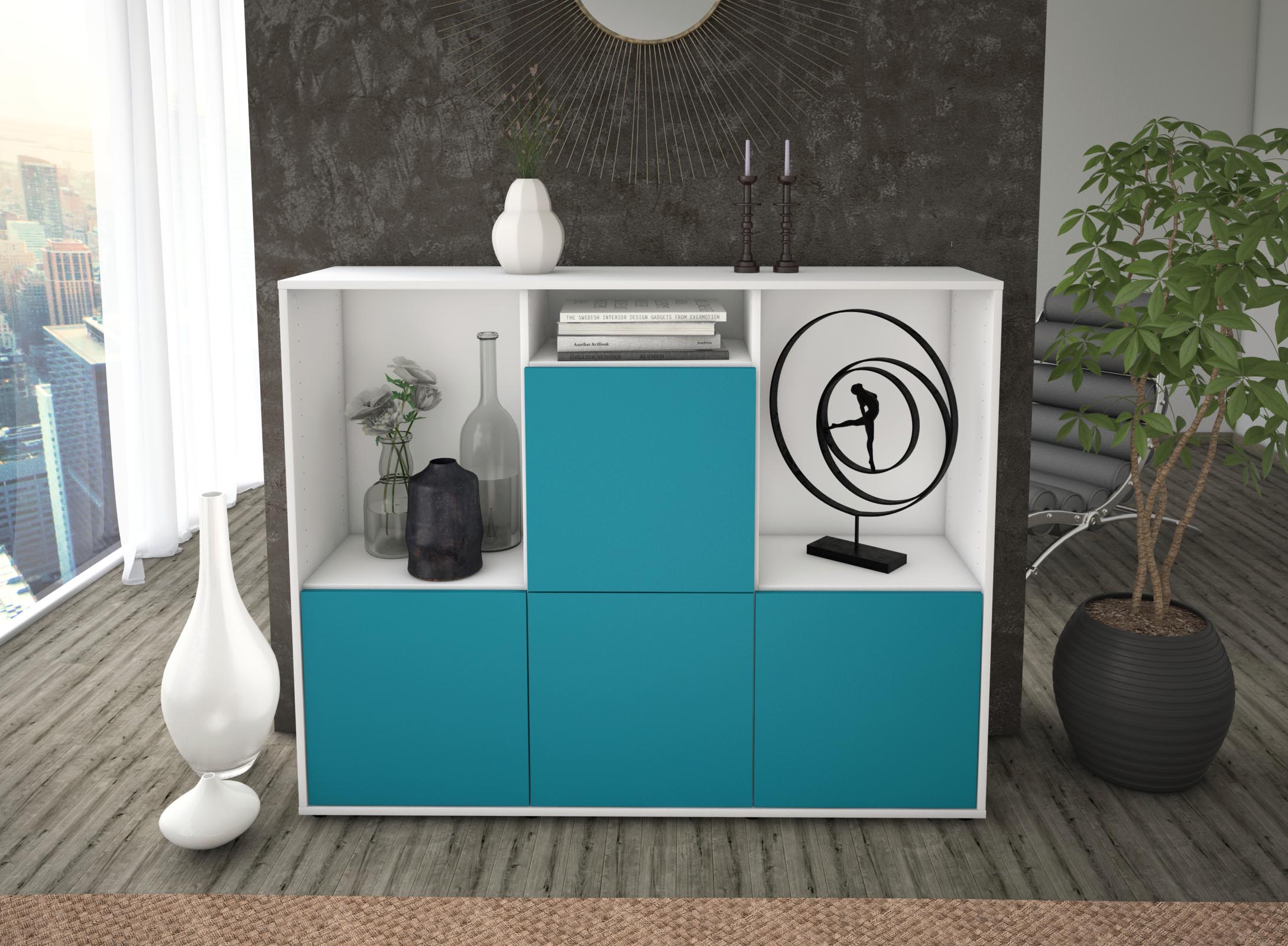 Highboard - Saskia - Design Farbakzent - Freistehend mit Push to Open 136 cm Weiss