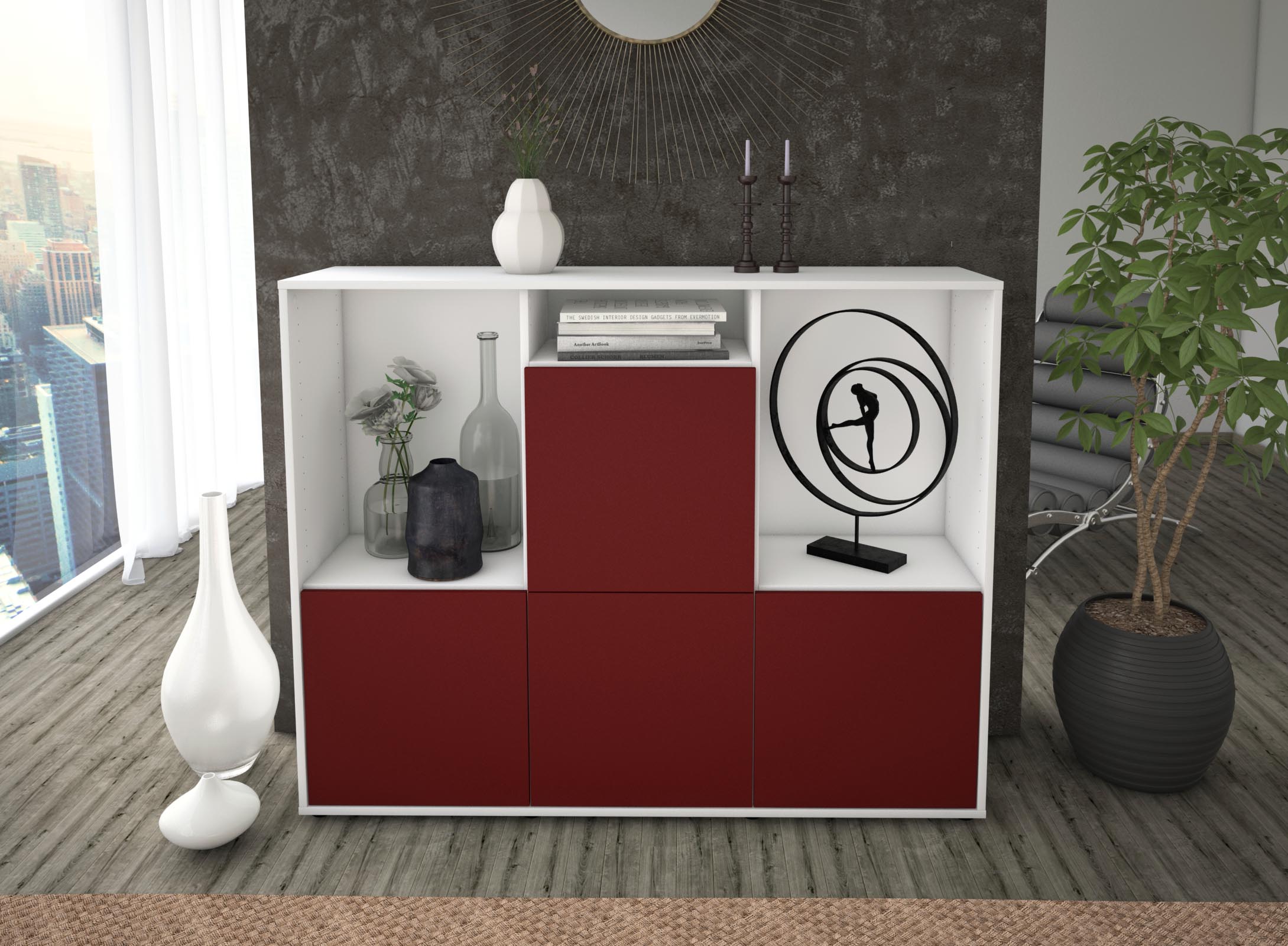 Highboard - Saskia - Design Farbakzent - Freistehend mit Push to Open 136 cm Weiss