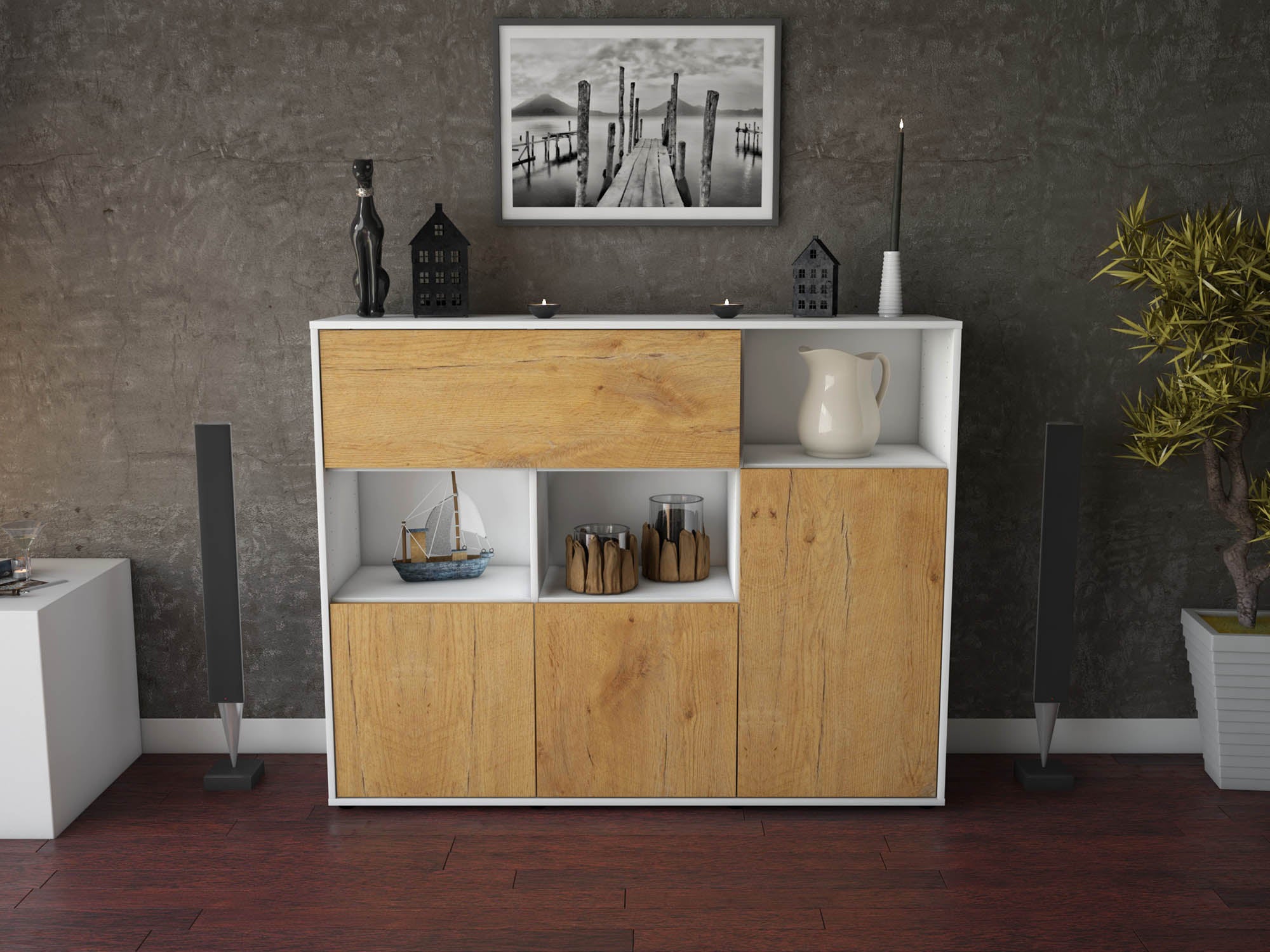 Highboard - Valenzia - Design Holzdekor - Freistehend mit Push to Open 136 cm Weiss