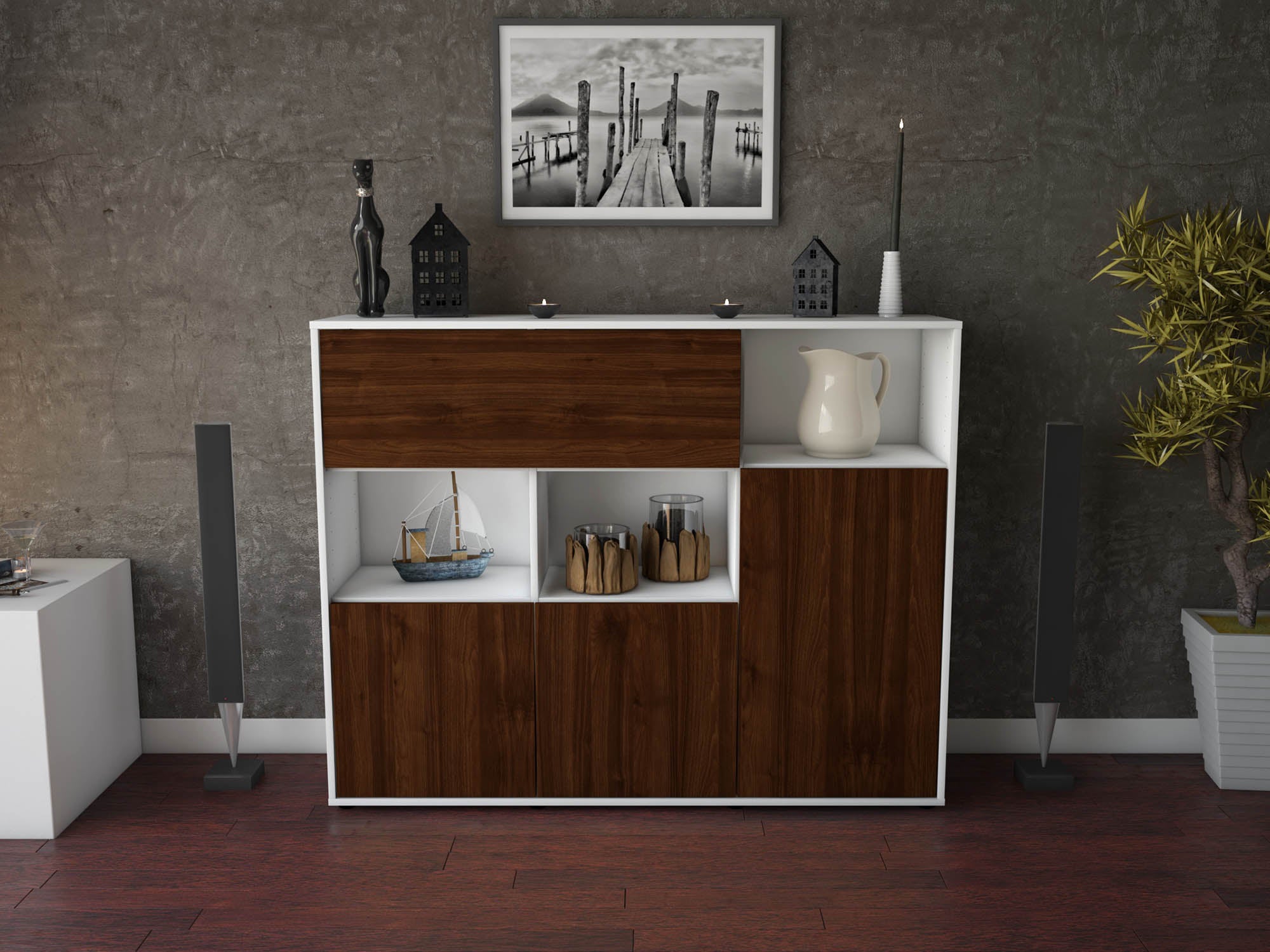 Highboard - Valenzia - Design Holzdekor - Freistehend mit Push to Open 136 cm Weiss