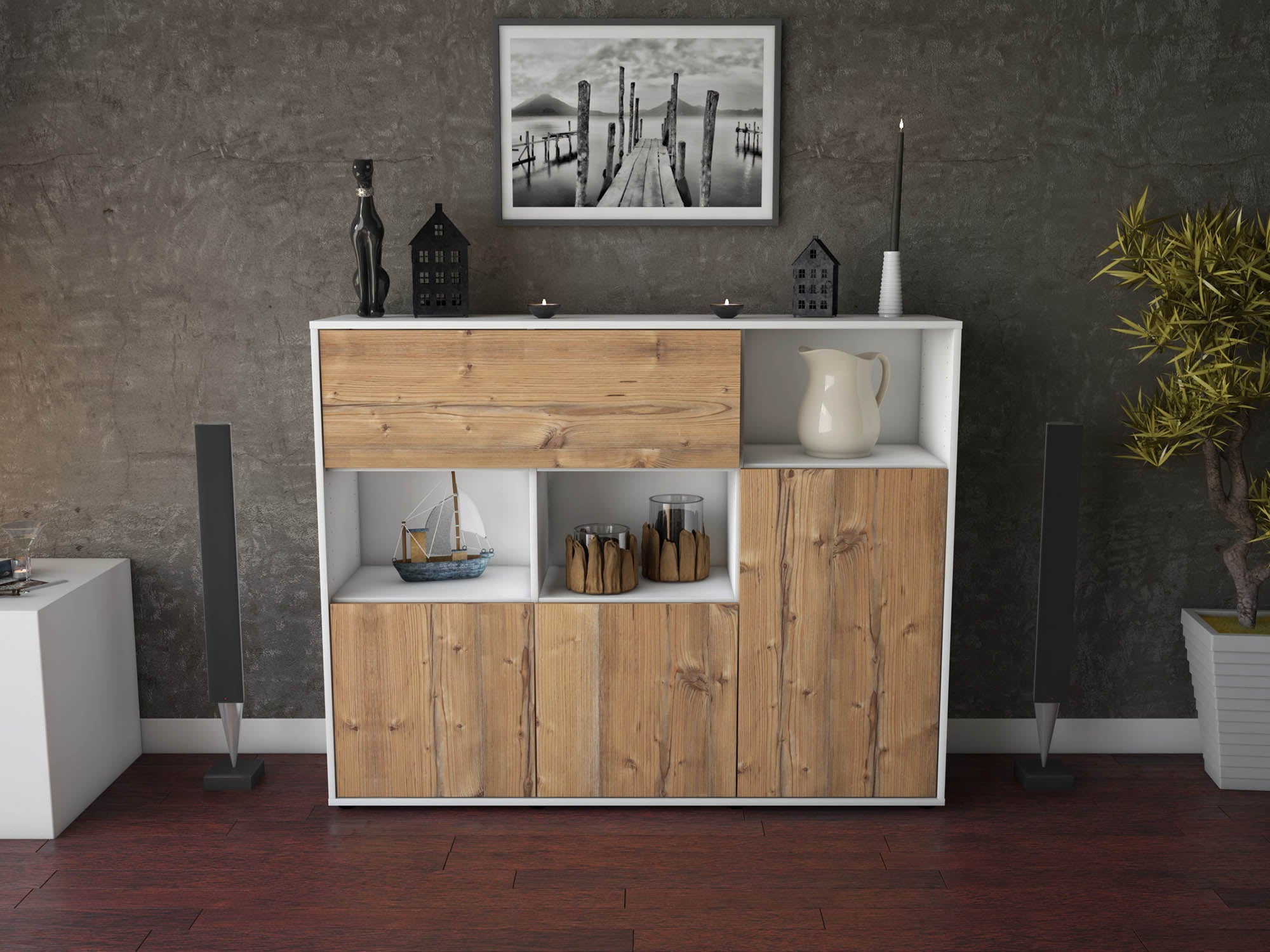 Highboard - Valenzia - Design Holzdekor - Freistehend mit Push to Open 136 cm Weiss