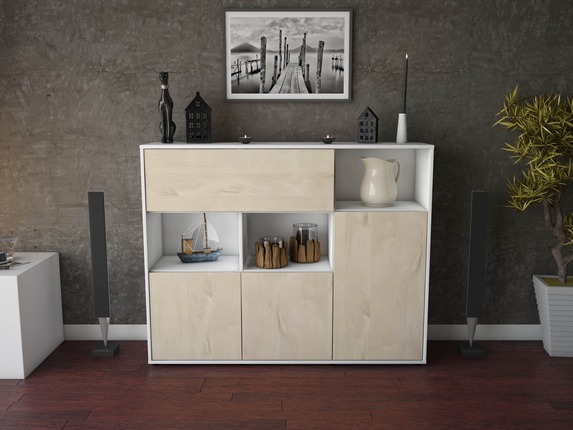 Highboard - Valenzia - Design Holzdekor - Freistehend mit Push to Open 136 cm Weiss