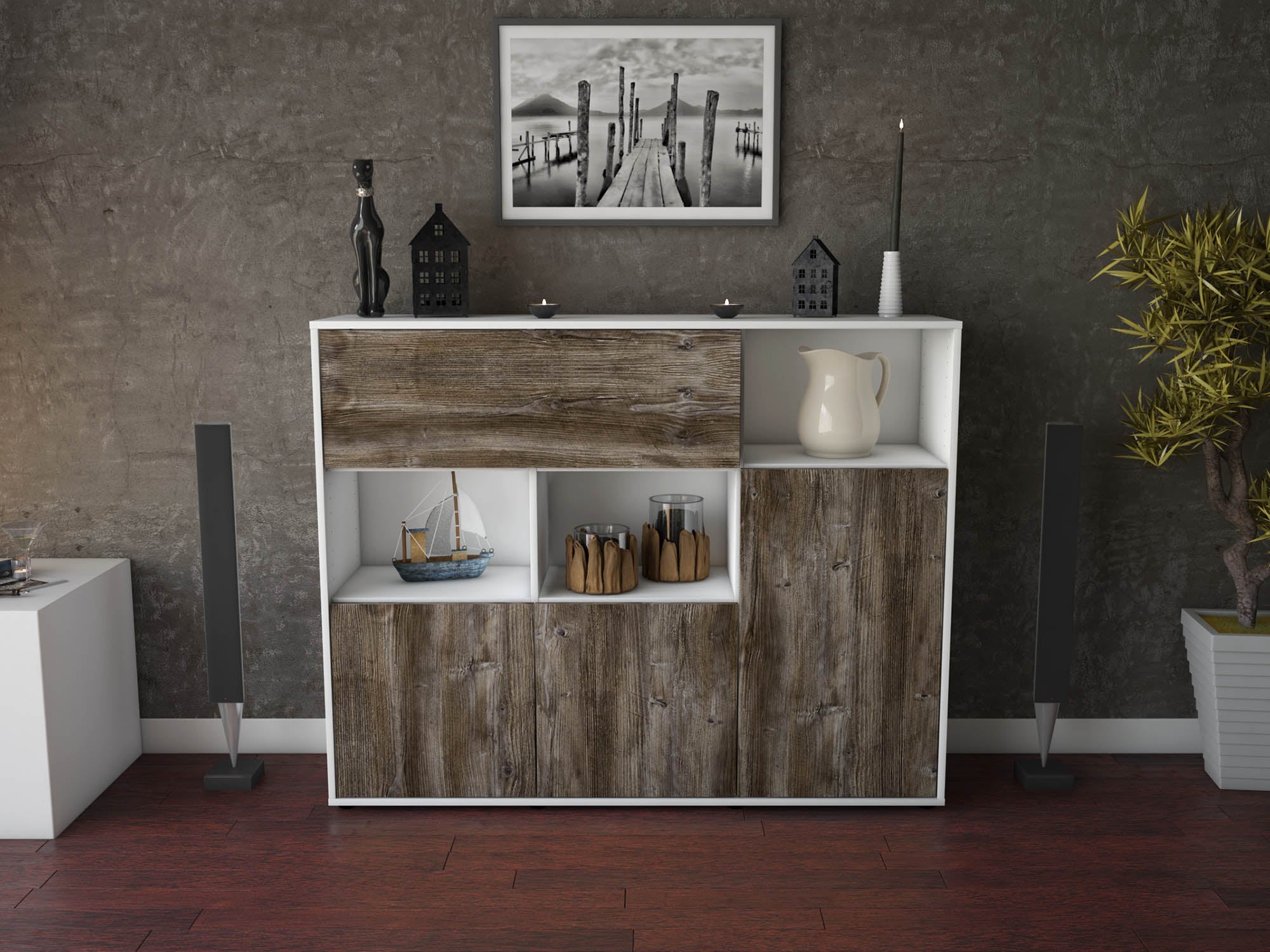 Highboard - Valenzia - Design Holzdekor - Freistehend mit Push to Open 136 cm Weiss