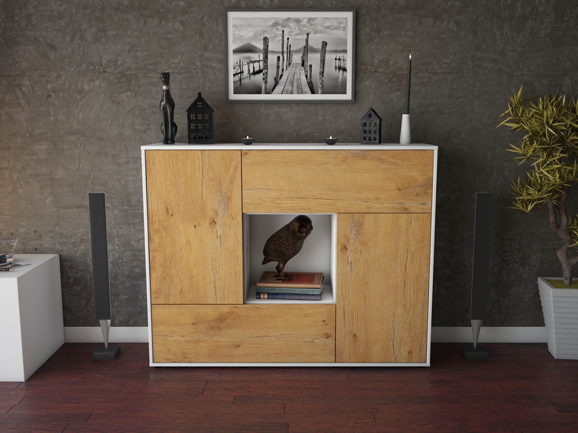 Highboard - Vicky - Design Holzdekor - Freistehend mit Push to Open 136 cm Weiss