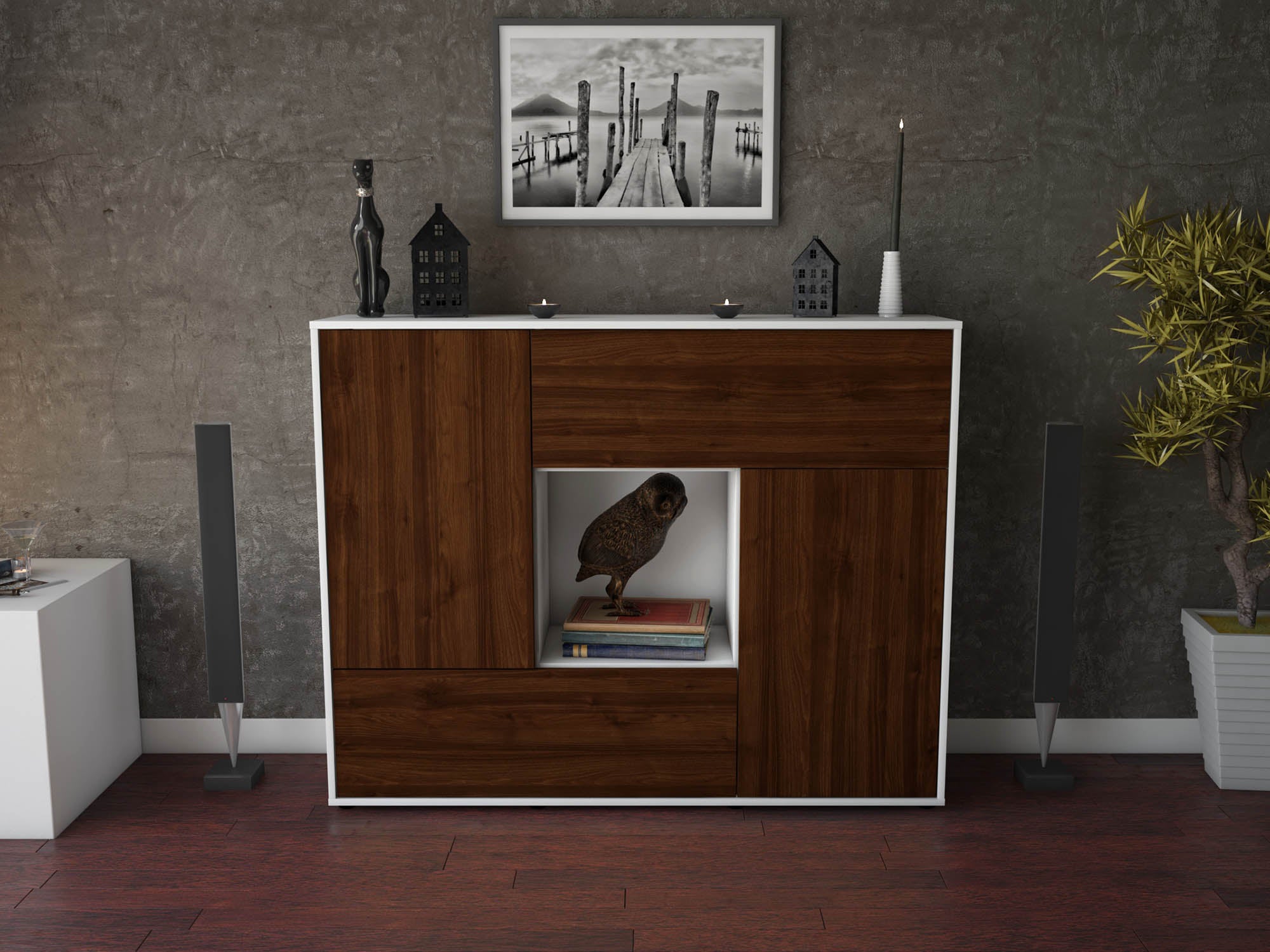 Highboard - Vicky - Design Holzdekor - Freistehend mit Push to Open 136 cm Weiss