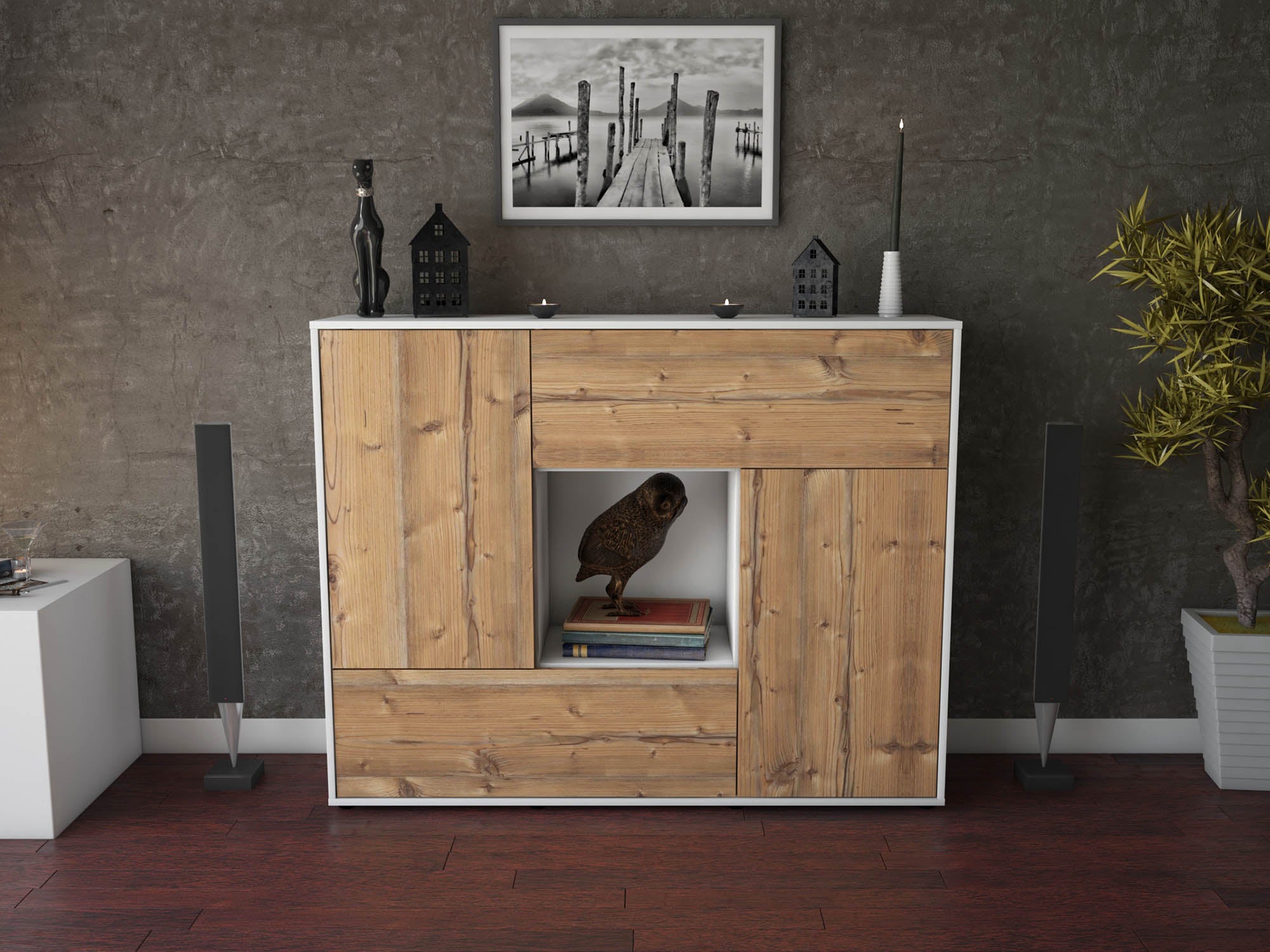 Highboard - Vicky - Design Holzdekor - Freistehend mit Push to Open 136 cm Weiss