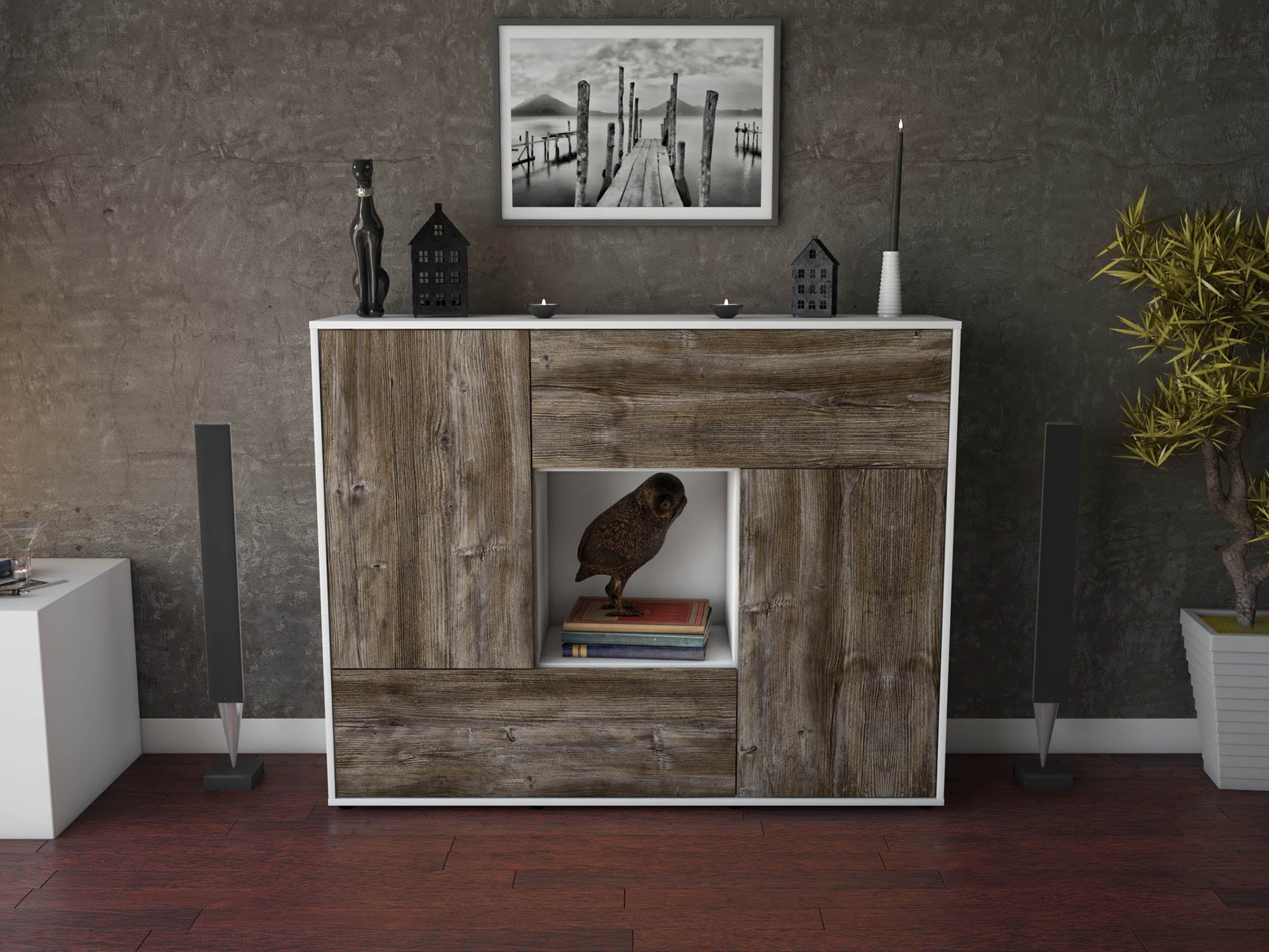 Highboard - Vicky - Design Holzdekor - Freistehend mit Push to Open 136 cm Weiss