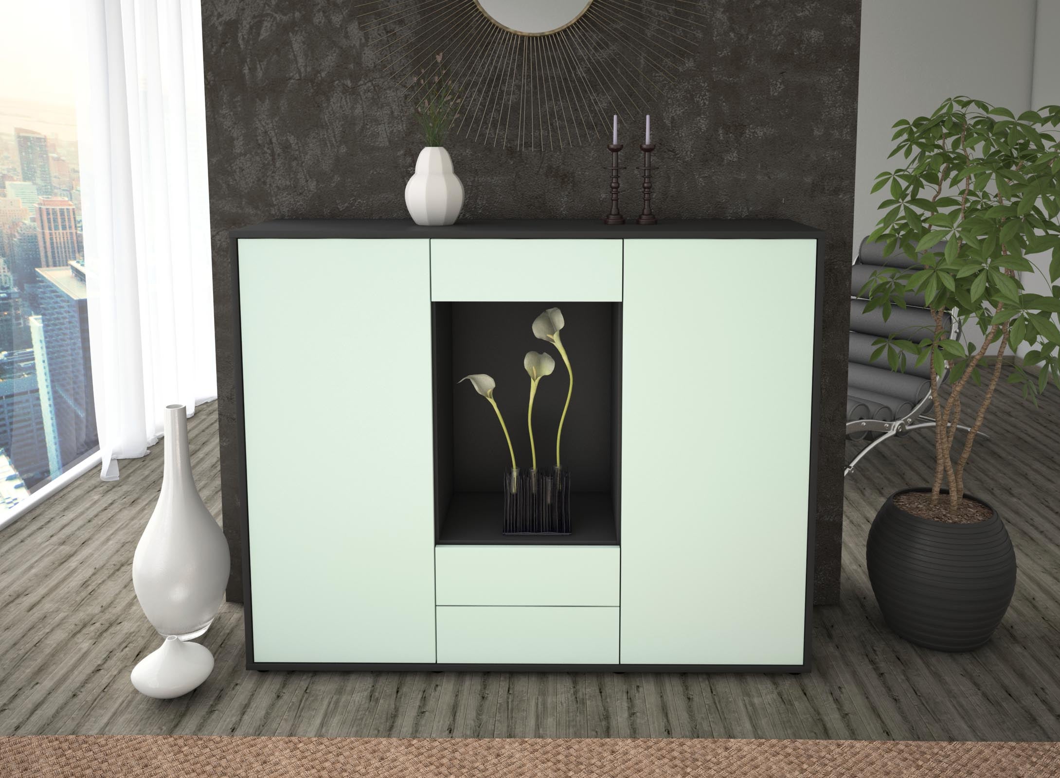 Highboard - Marilena - Design Farbakzent - Freistehend mit Push to Open 136 cm Anthrazit
