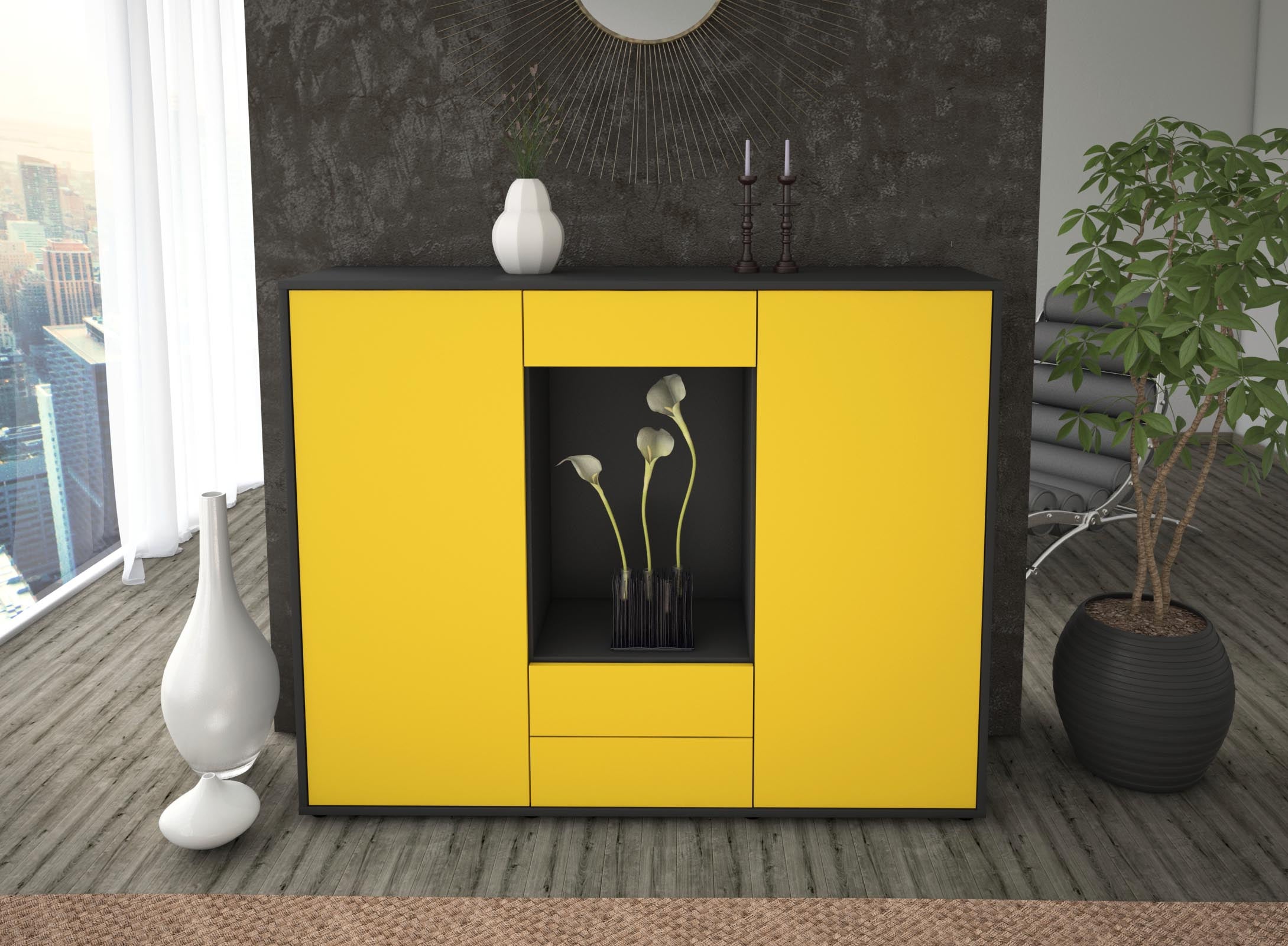 Highboard - Marilena - Design Farbakzent - Freistehend mit Push to Open 136 cm Anthrazit