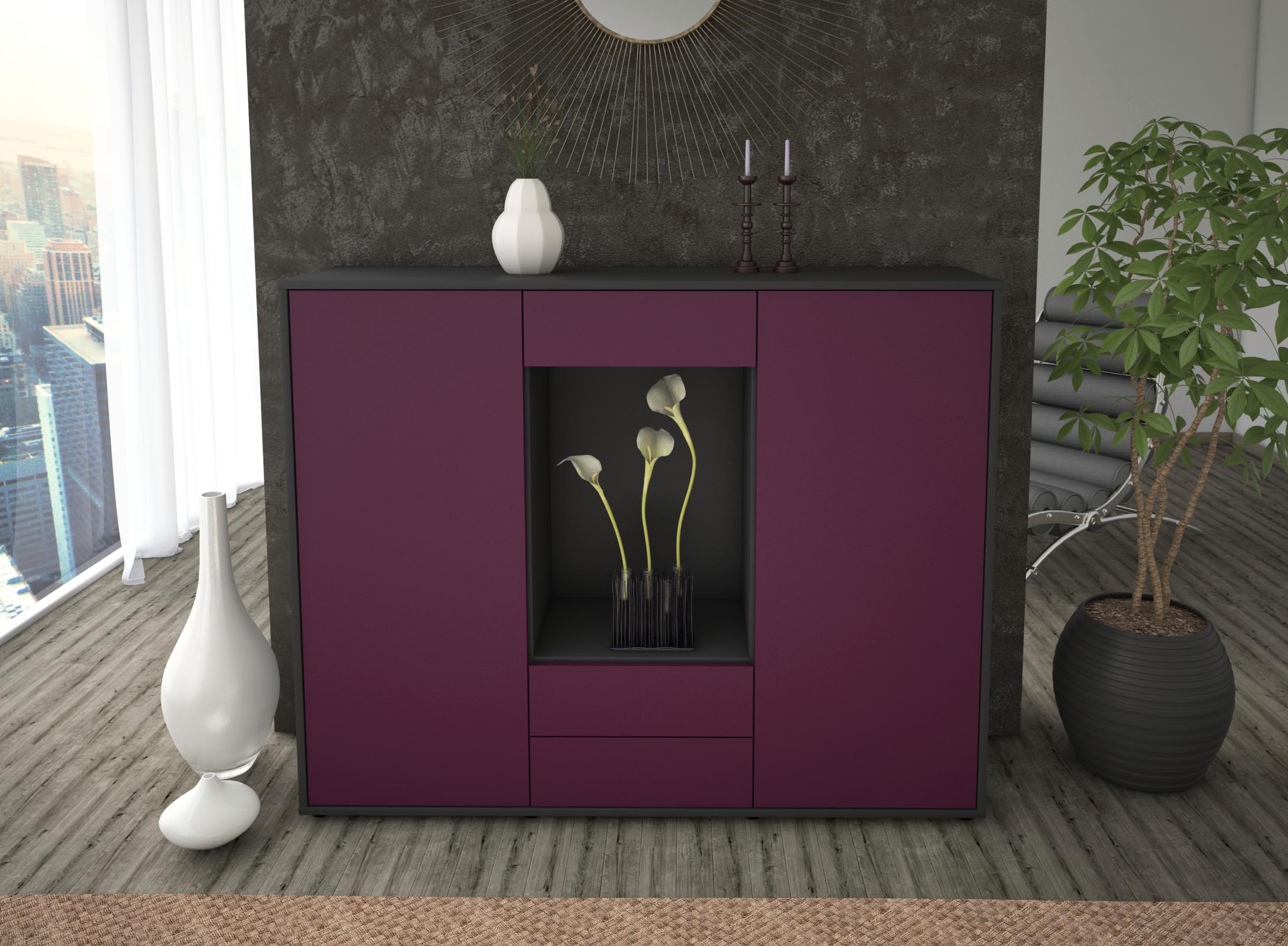 Highboard - Marilena - Design Farbakzent - Freistehend mit Push to Open 136 cm Anthrazit