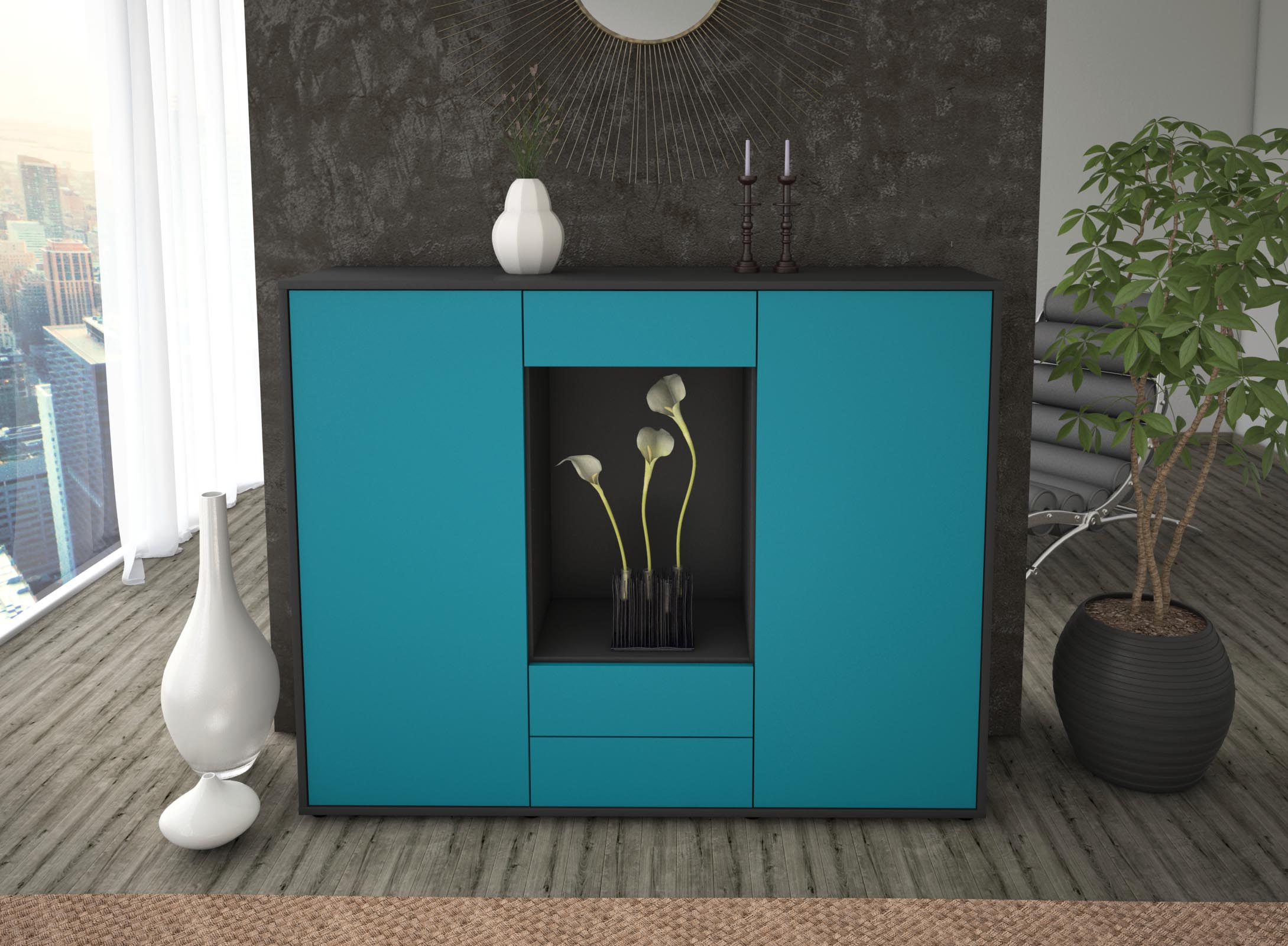 Highboard - Marilena - Design Farbakzent - Freistehend mit Push to Open 136 cm Anthrazit