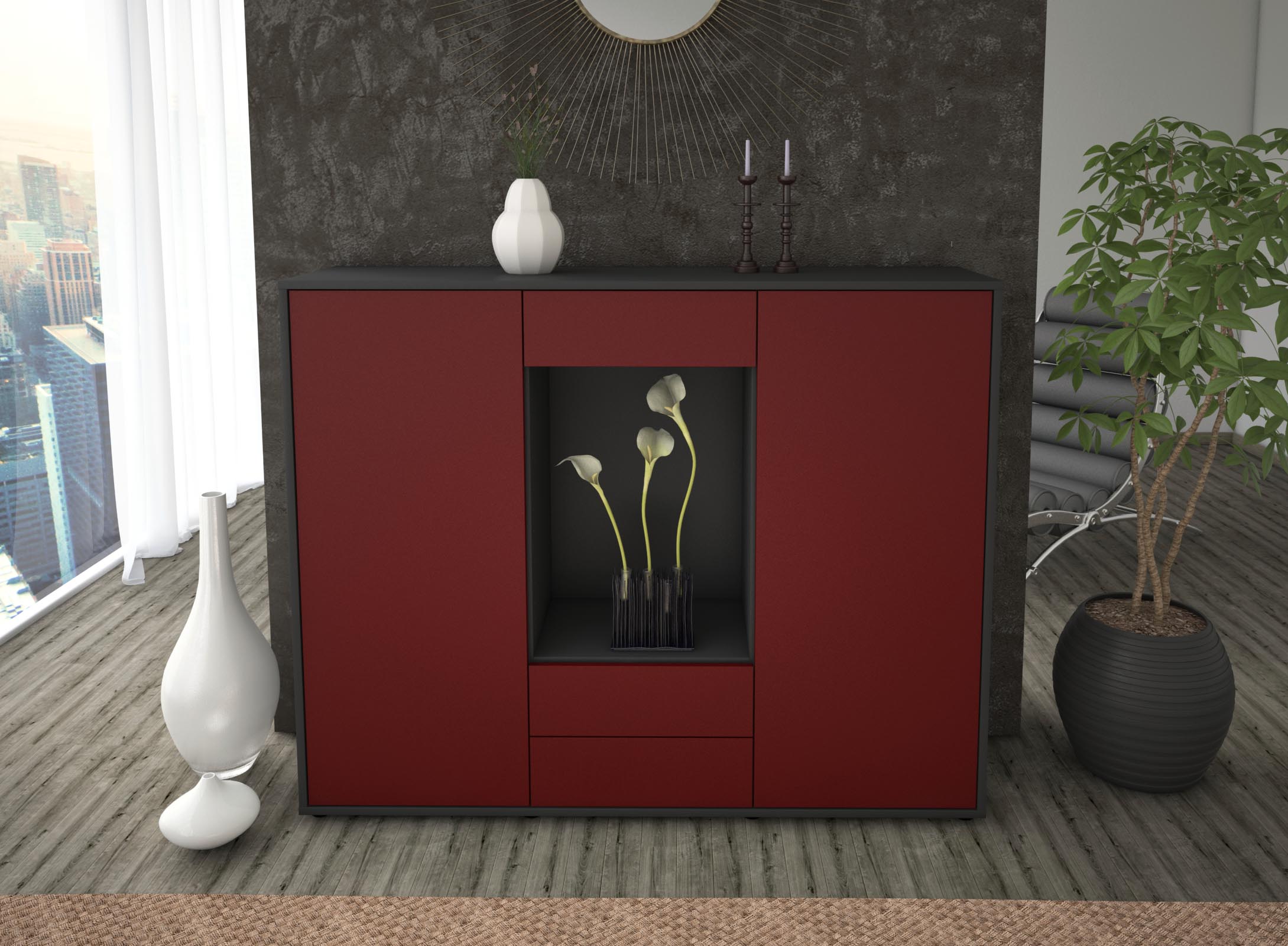 Highboard - Marilena - Design Farbakzent - Freistehend mit Push to Open 136 cm Anthrazit