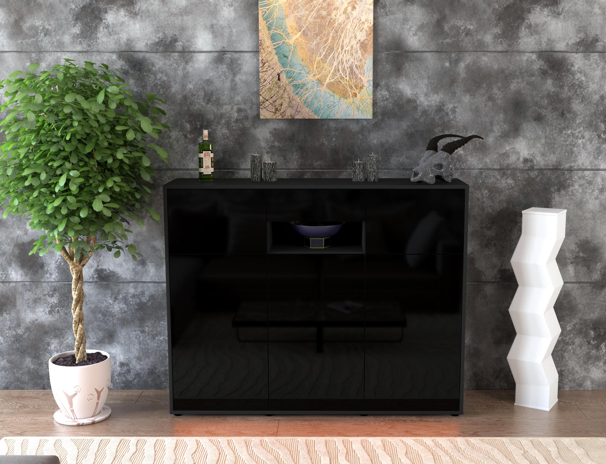 Highboard - Matilda - Design Hochglanz - Freistehend mit Push to Open 136 cm Anthrazit