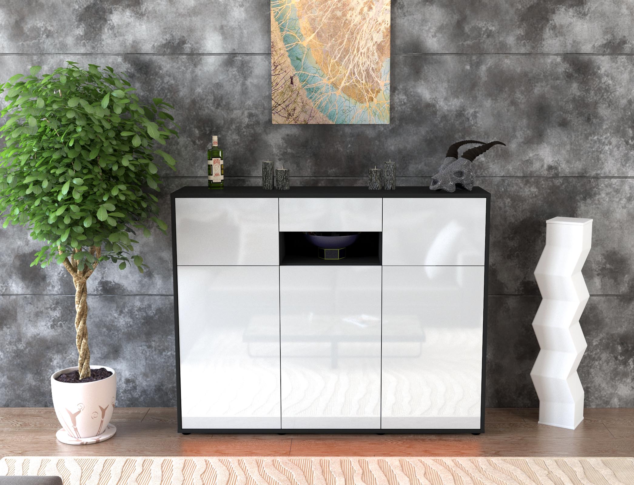Highboard - Matilda - Design Hochglanz - Freistehend mit Push to Open 136 cm Anthrazit