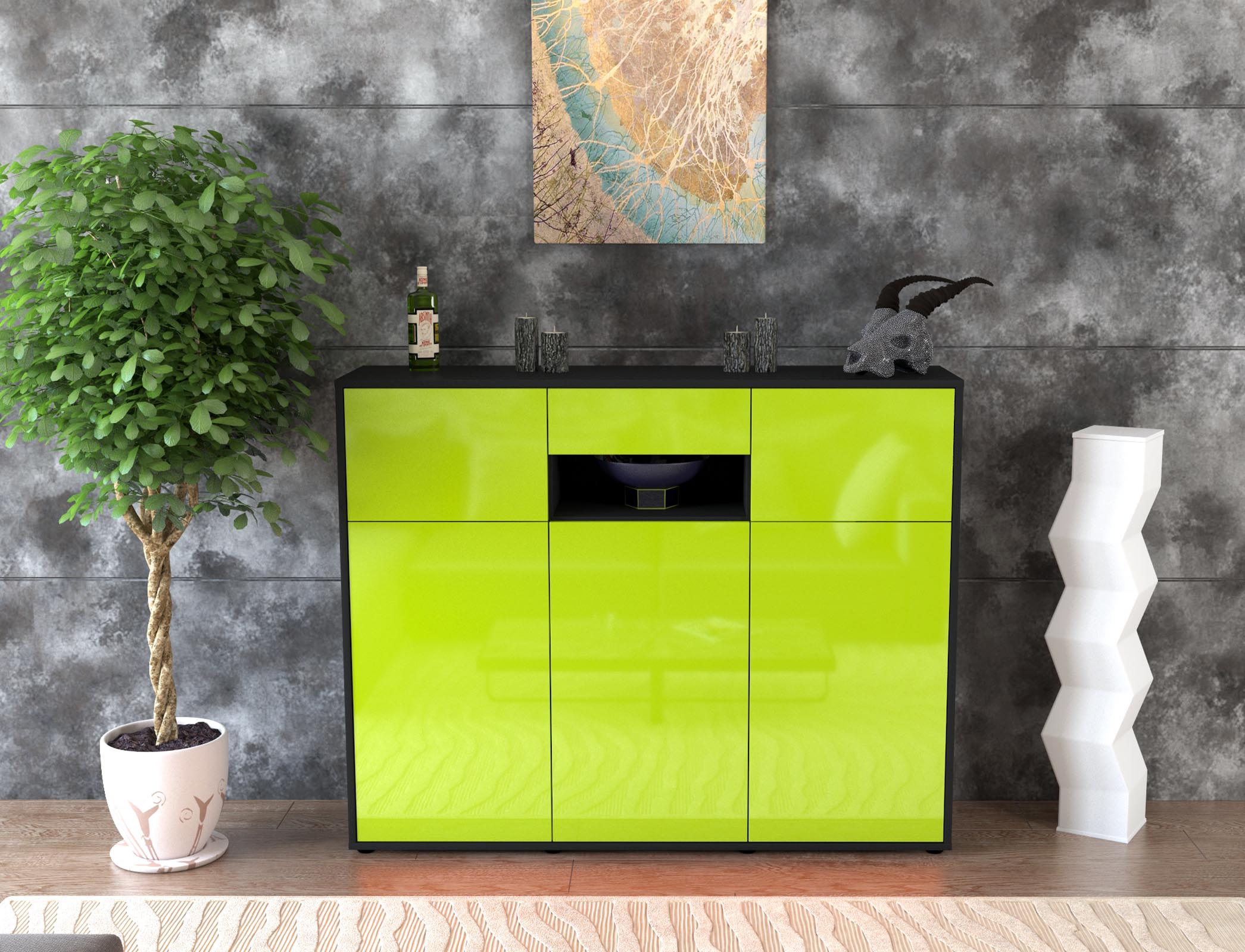 Highboard - Matilda - Design Hochglanz - Freistehend mit Push to Open 136 cm Anthrazit
