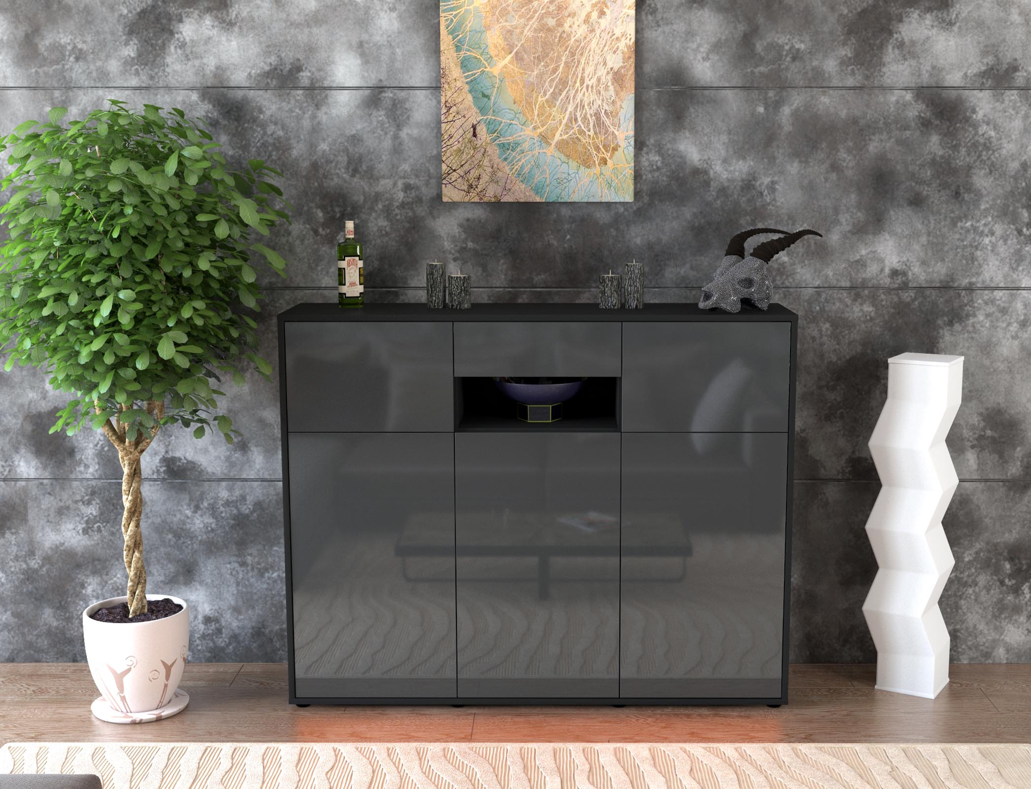 Highboard - Matilda - Design Hochglanz - Freistehend mit Push to Open 136 cm Anthrazit
