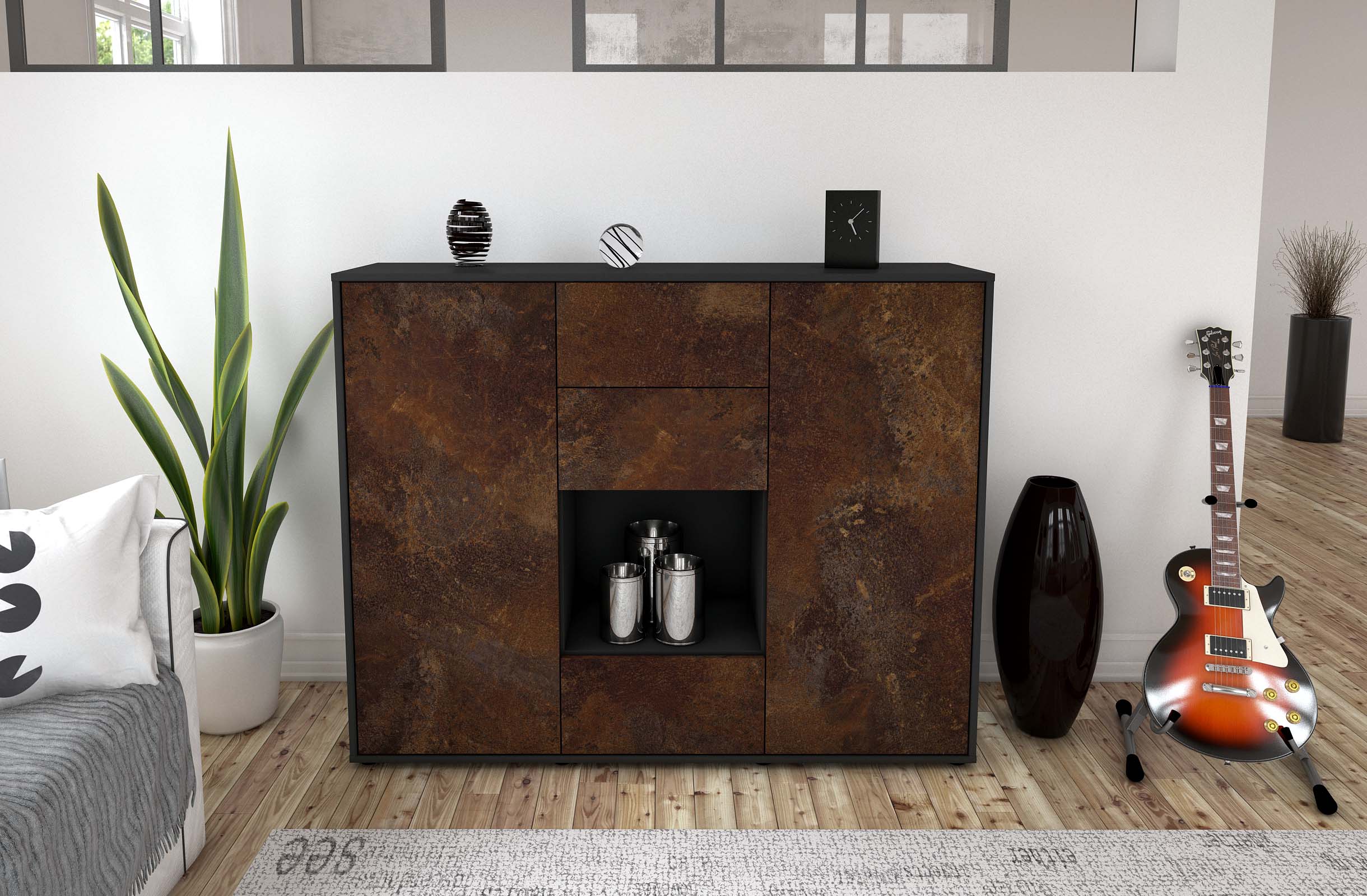 Highboard - Nora - Design Industrie Stil - Freistehend mit Push to Open 136 cm Anthrazit