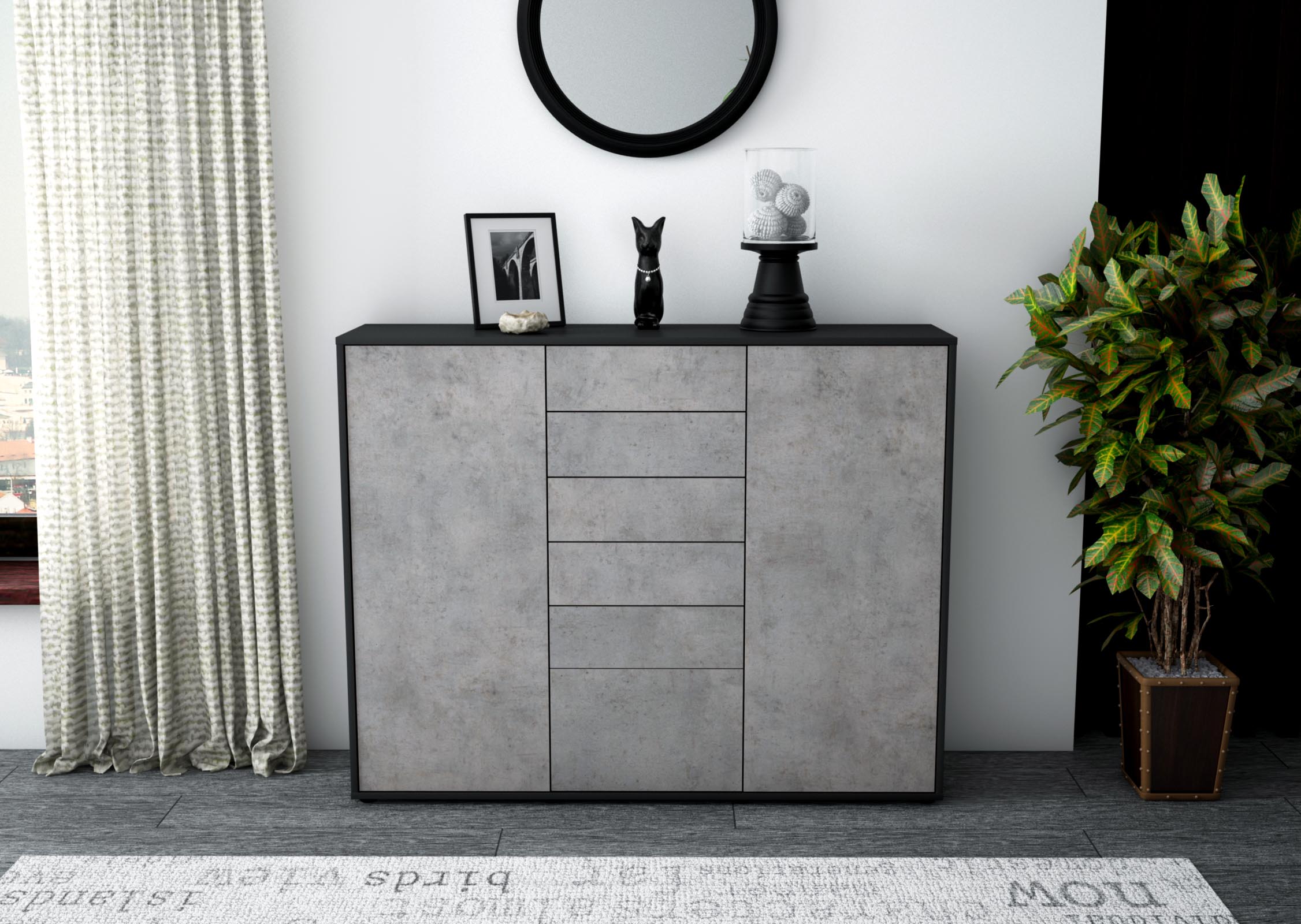 Highboard - Ramona - Design Industrie Stil - Freistehend mit Push to Open 136 cm Anthrazit