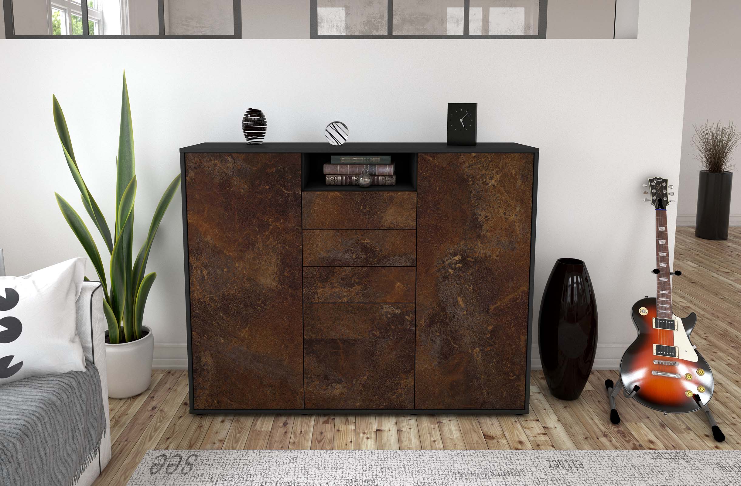 Highboard - Ravena - Design Industrie Stil - Freistehend mit Push to Open 136 cm Anthrazit