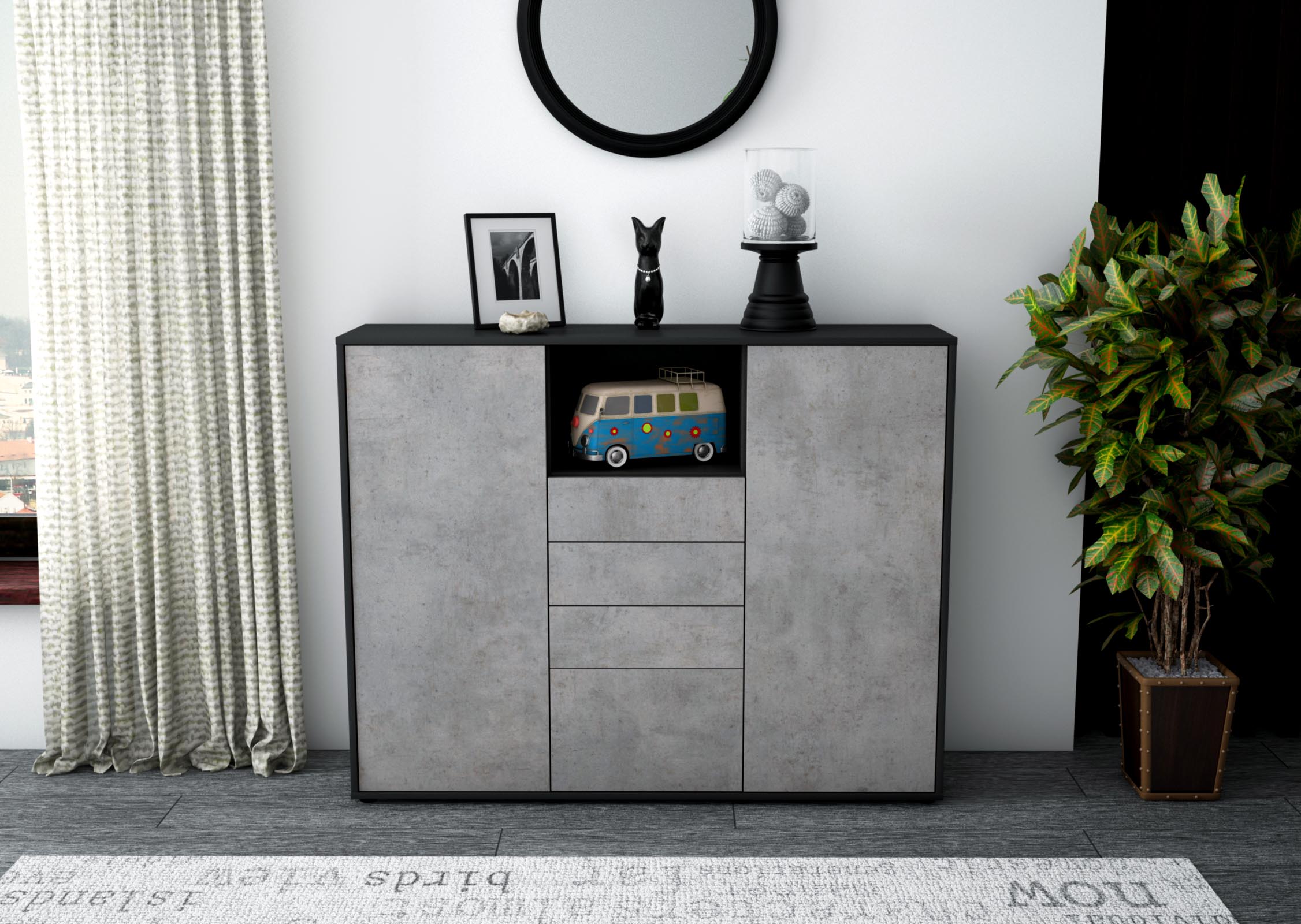 Highboard - Rebecca - Design Industrie Stil - Freistehend mit Push to Open 136 cm Anthrazit