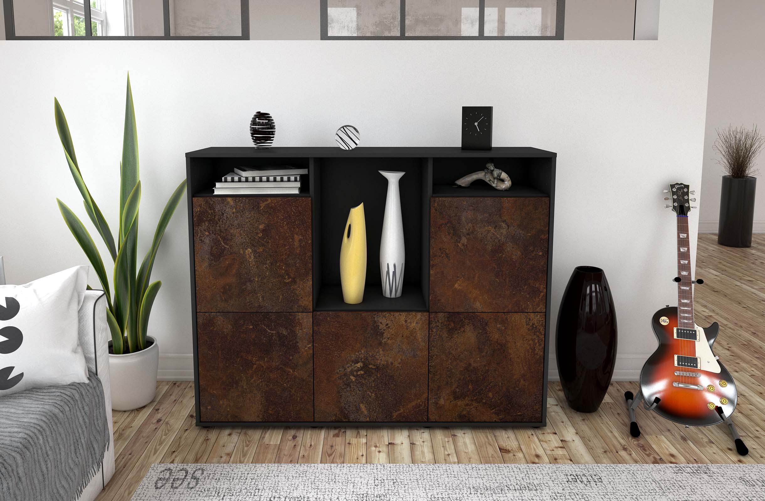 Highboard - Sarina - Design Industrie Stil - Freistehend mit Push to Open 136 cm Anthrazit