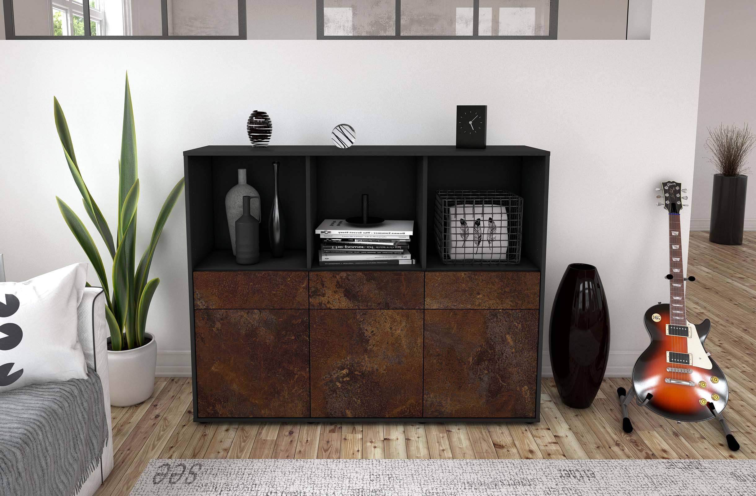 Highboard - Selma - Design Industrie Stil - Freistehend mit Push to Open 136 cm Anthrazit