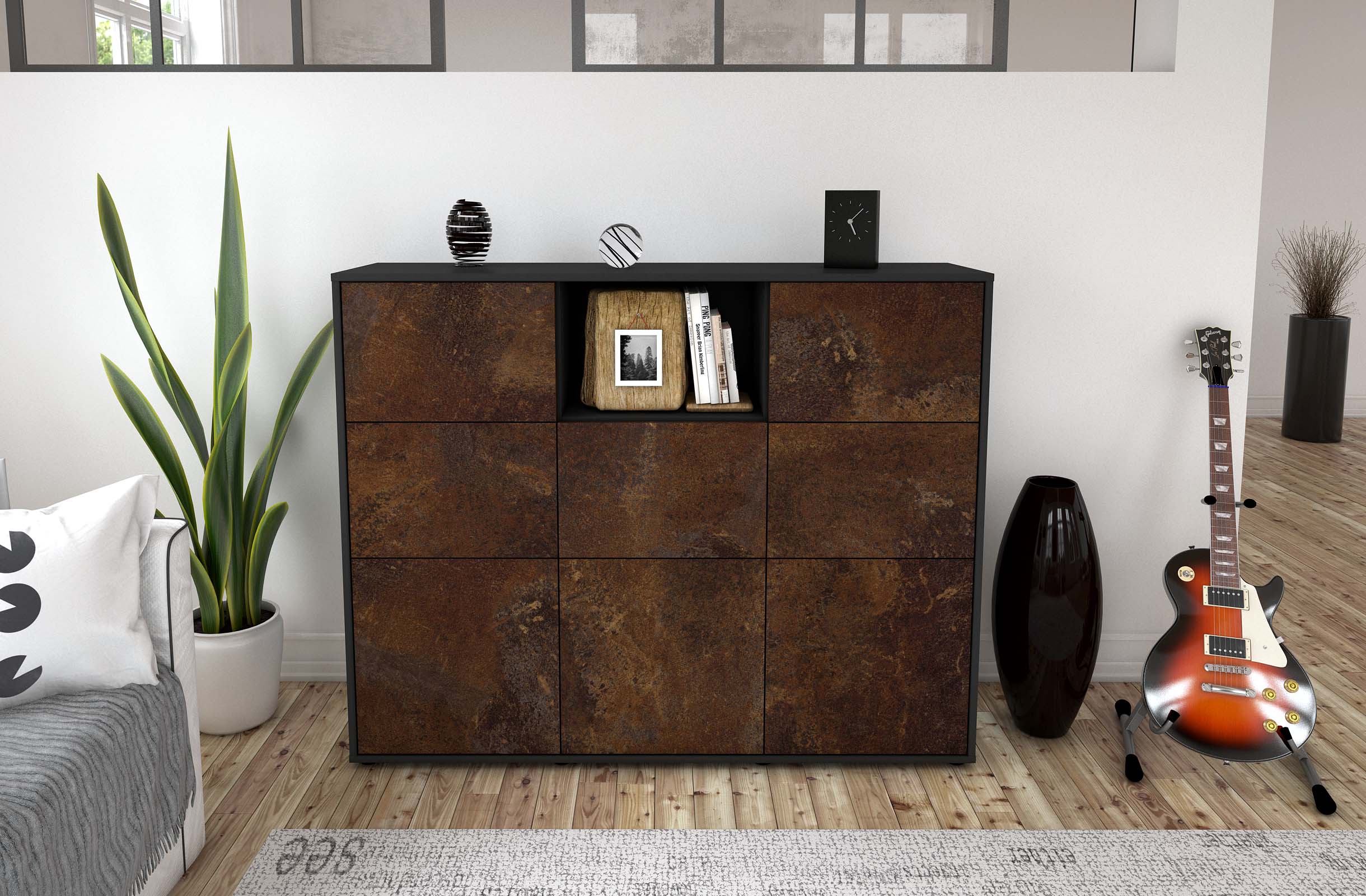 Highboard - Simona - Design Industrie Stil - Freistehend mit Push to Open 136 cm Anthrazit