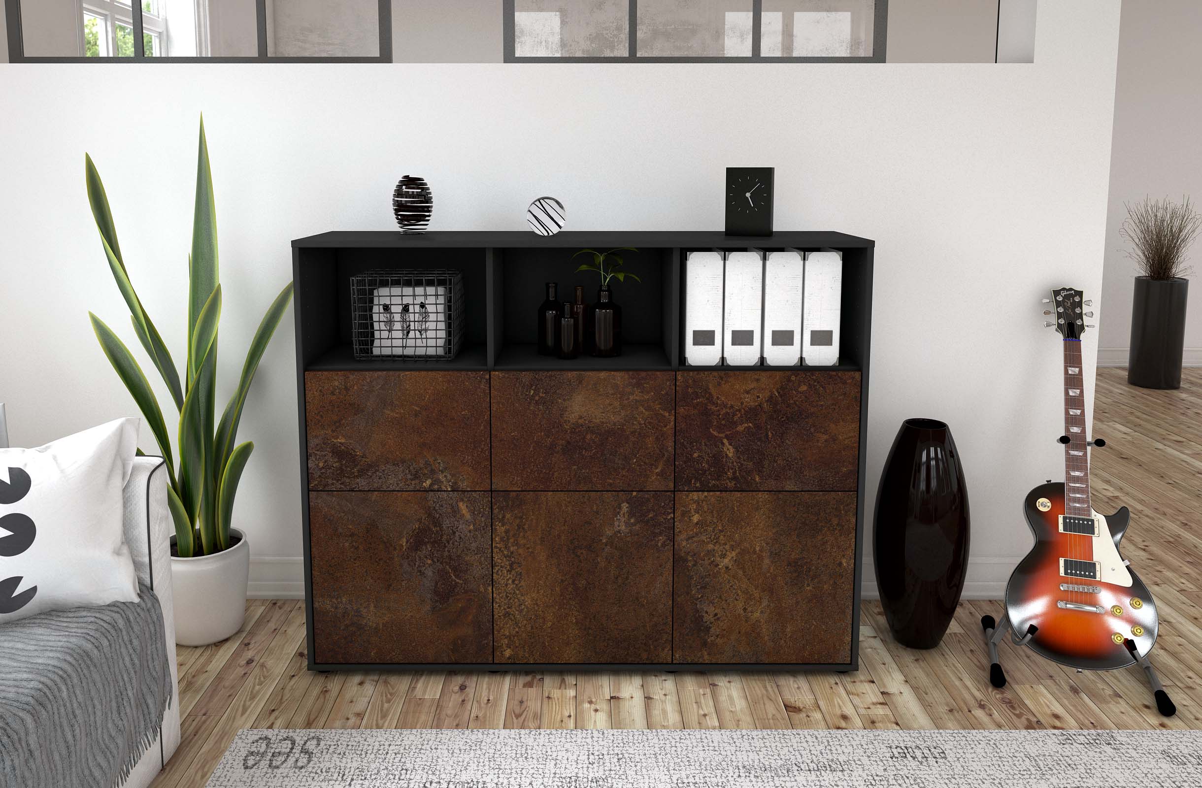 Highboard - Sina - Design Industrie Stil - Freistehend mit Push to Open 136 cm Anthrazit