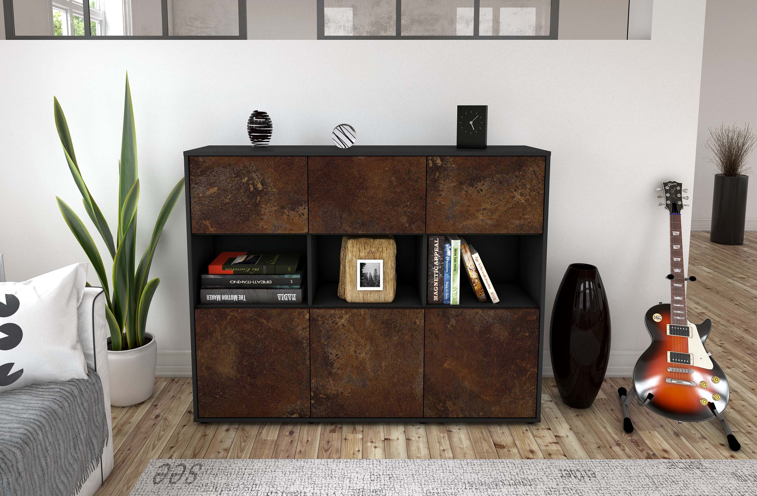 Highboard - Sira - Design Industrie Stil - Freistehend mit Push to Open 136 cm Anthrazit