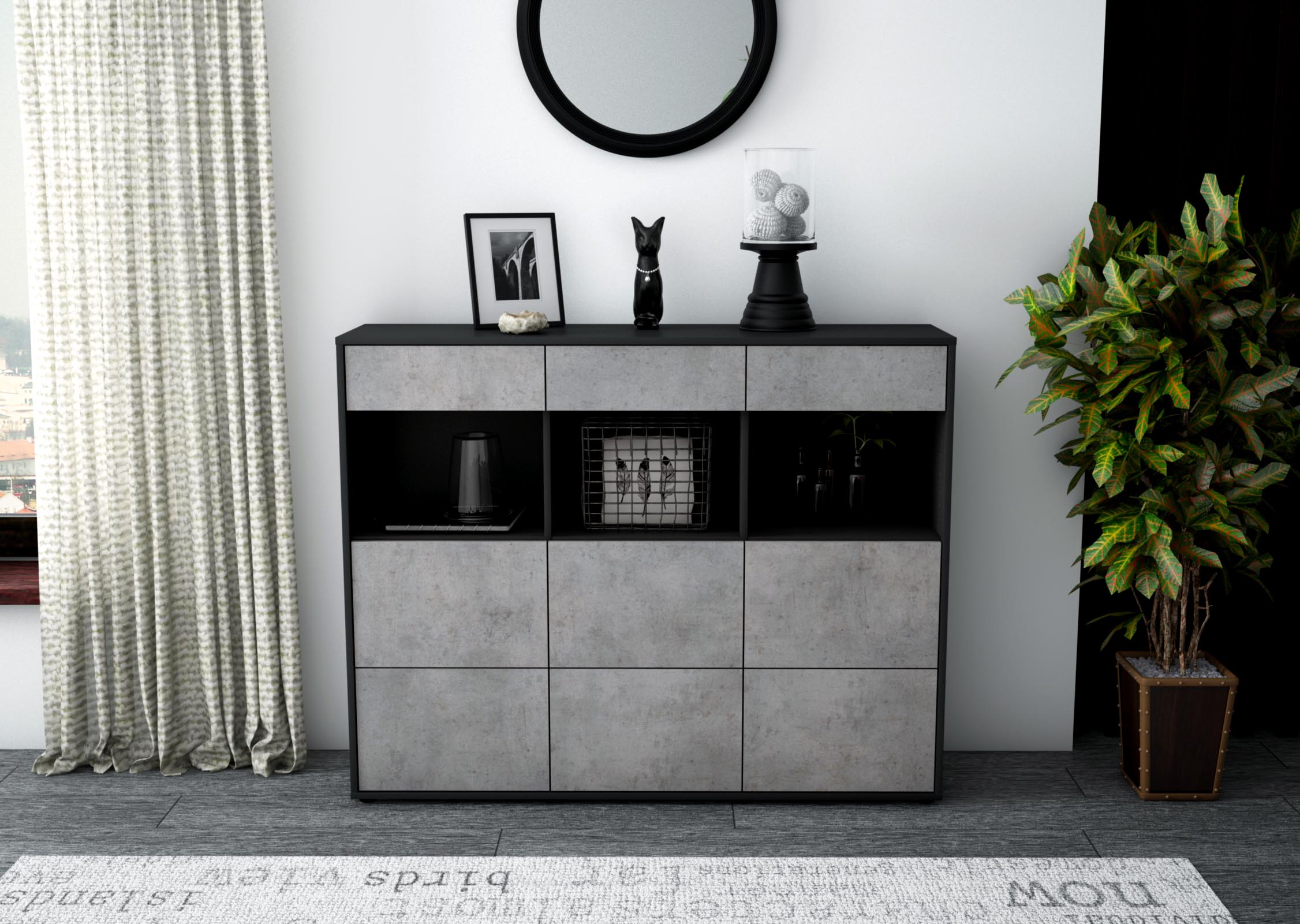 Highboard - Stella - Design Industrie Stil - Freistehend mit Push to Open 136 cm Anthrazit