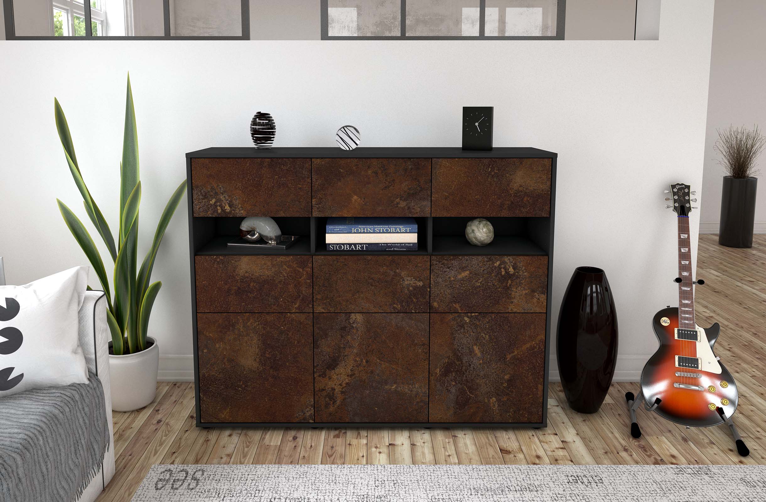 Highboard - Teresa - Design Industrie Stil - Freistehend mit Push to Open 136 cm Anthrazit