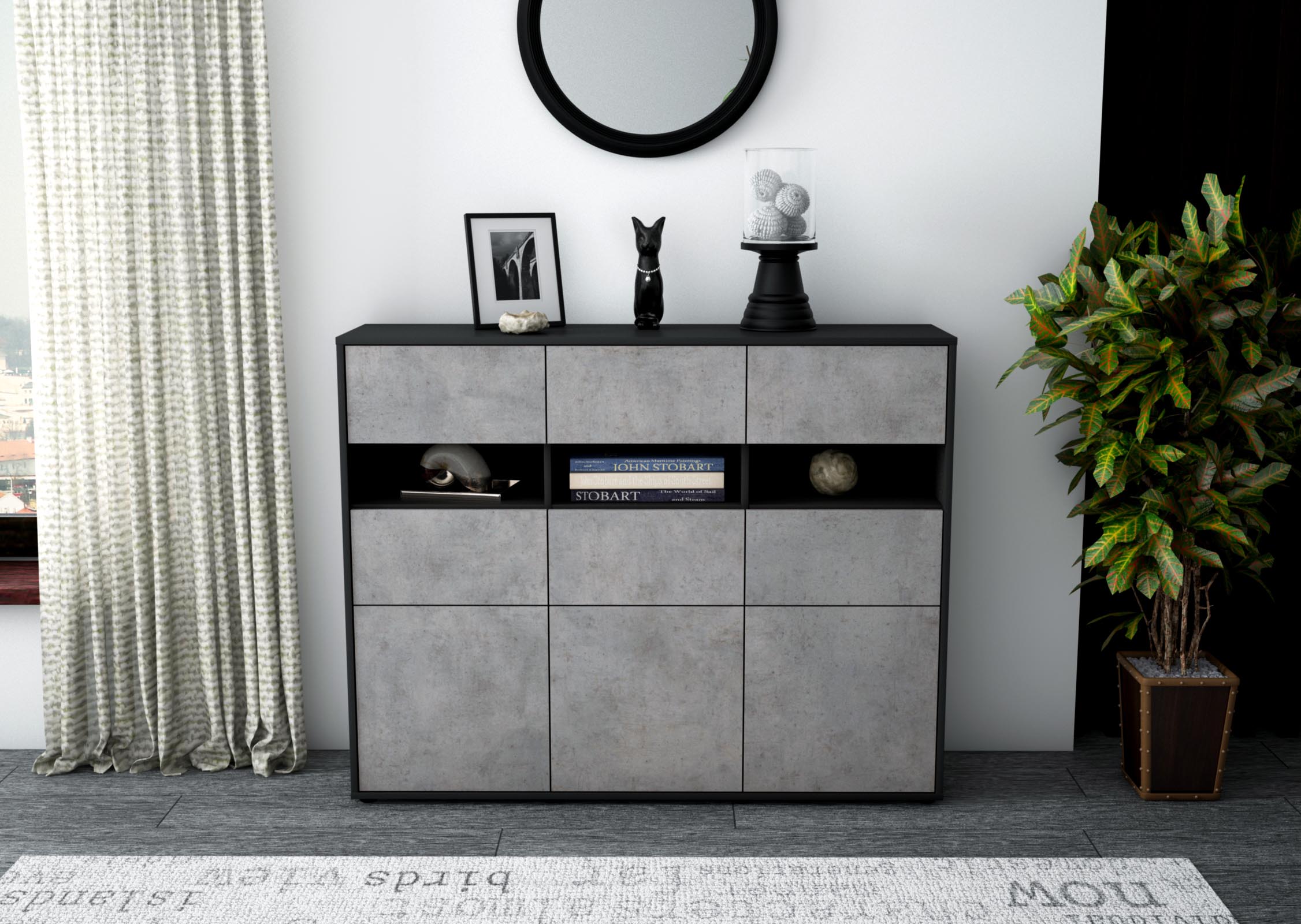 Highboard - Teresa - Design Industrie Stil - Freistehend mit Push to Open 136 cm Anthrazit