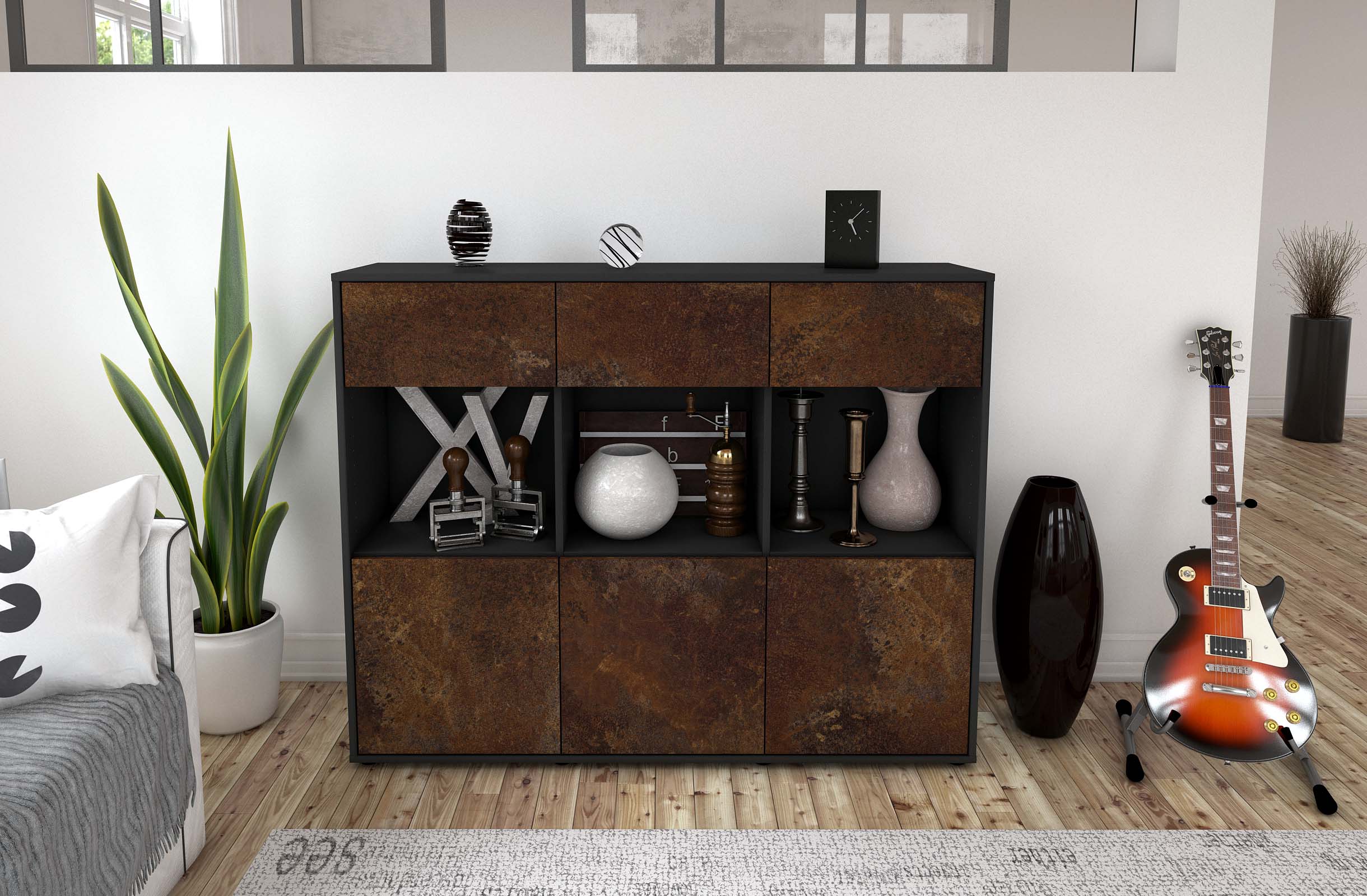 Highboard - Tessa - Design Industrie Stil - Freistehend mit Push to Open 136 cm Anthrazit