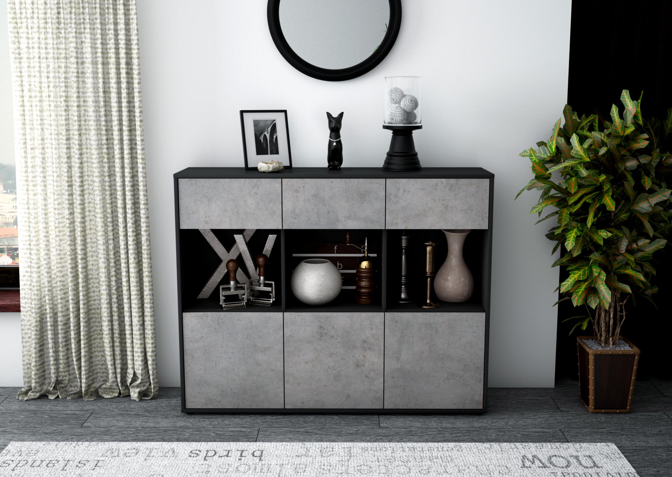 Highboard - Tessa - Design Industrie Stil - Freistehend mit Push to Open 136 cm Anthrazit