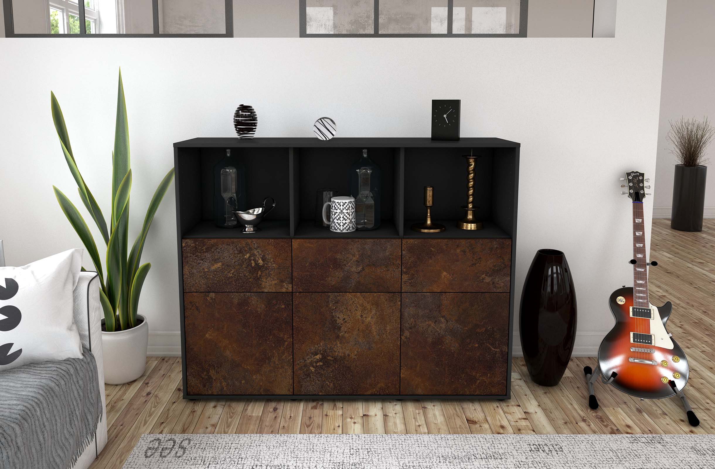 Highboard - Theresia - Design Industrie Stil - Freistehend mit Push to Open 136 cm Anthrazit